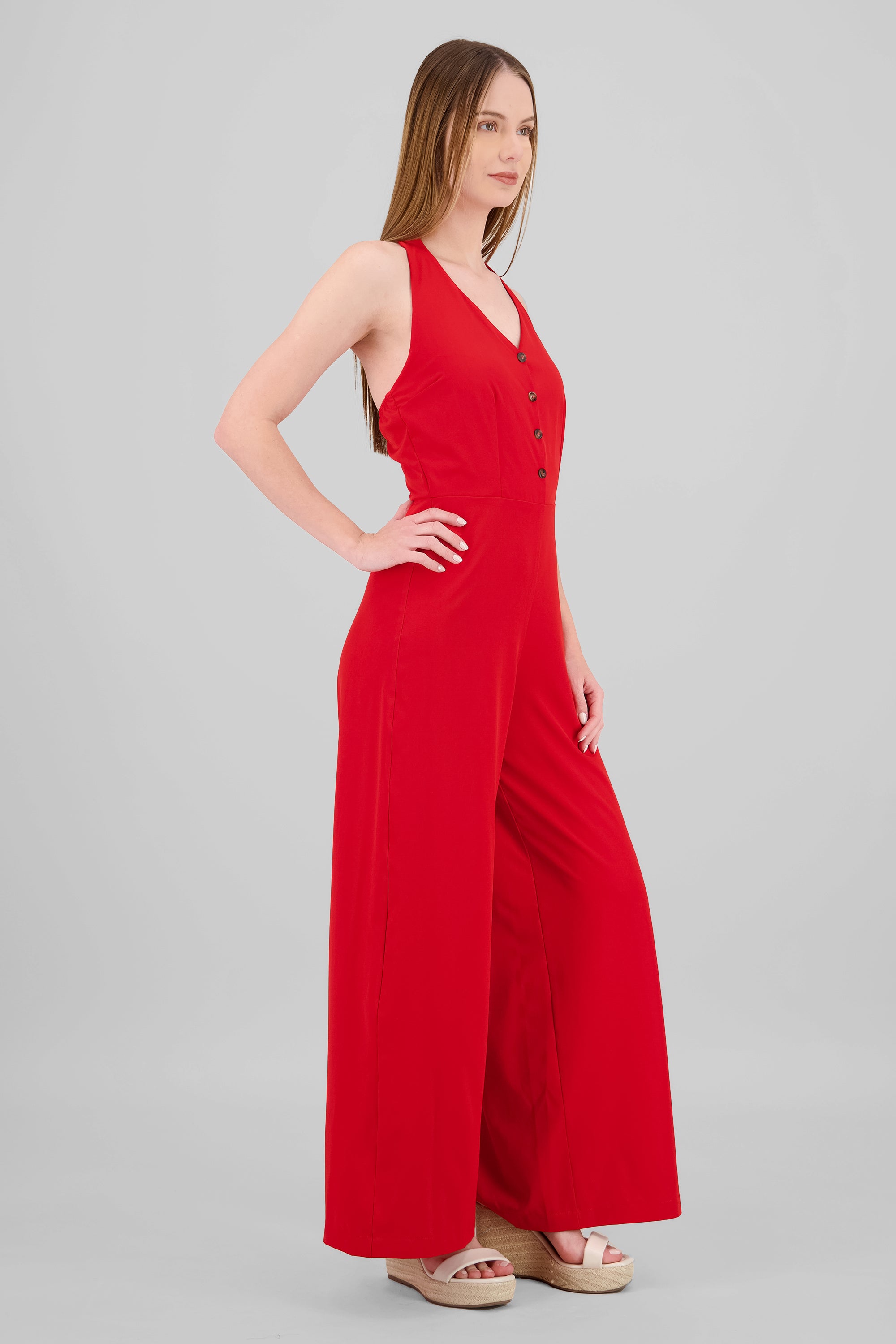 Button Details Halter Jumpsuit RED