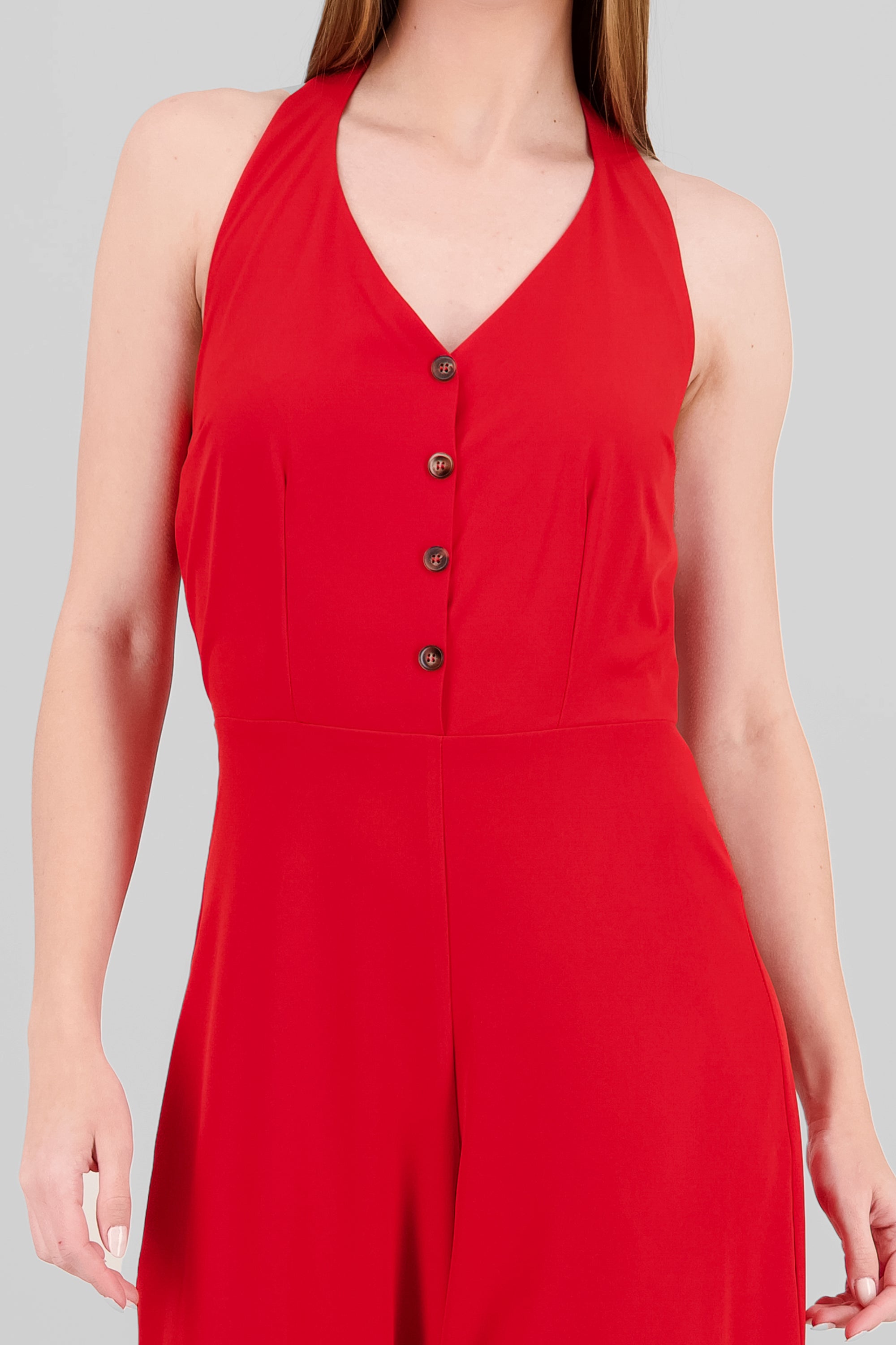 Button Details Halter Jumpsuit RED