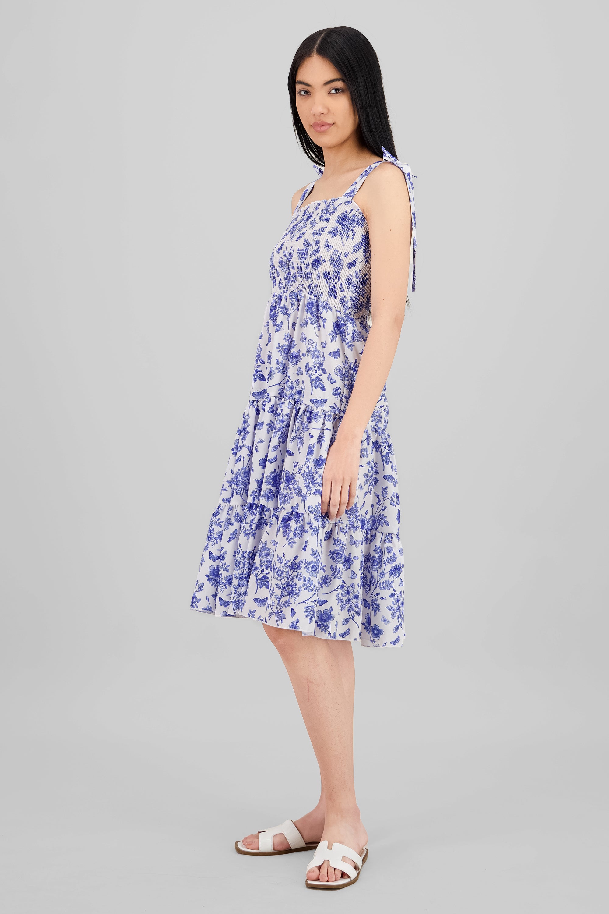 Floral Print Ruffle Dress BLUE COMBO