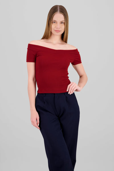 Short Sleeve Off Shoulder Top BRICK RED