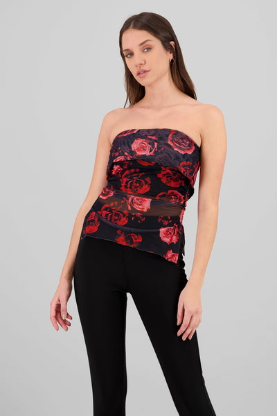 Floral Mesh Strapless Top BLACK COMBO