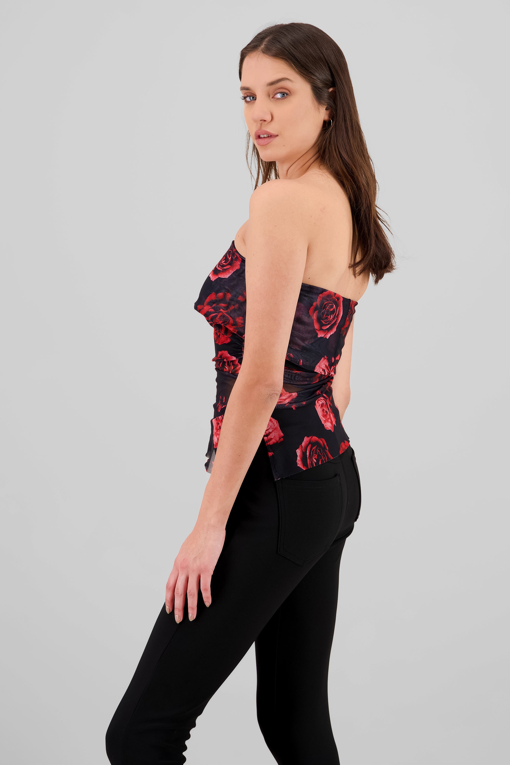 Floral Mesh Strapless Top BLACK COMBO