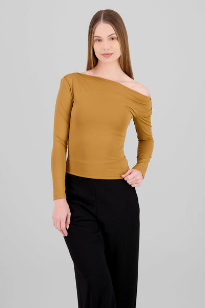 Asymmetric One Shoulder Long Sleeve Top BROWN