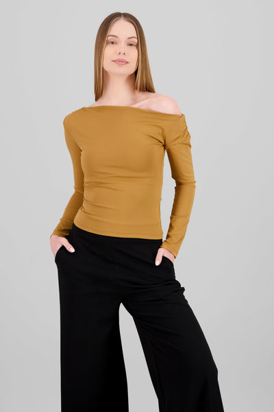 Asymmetric One Shoulder Long Sleeve Top BROWN