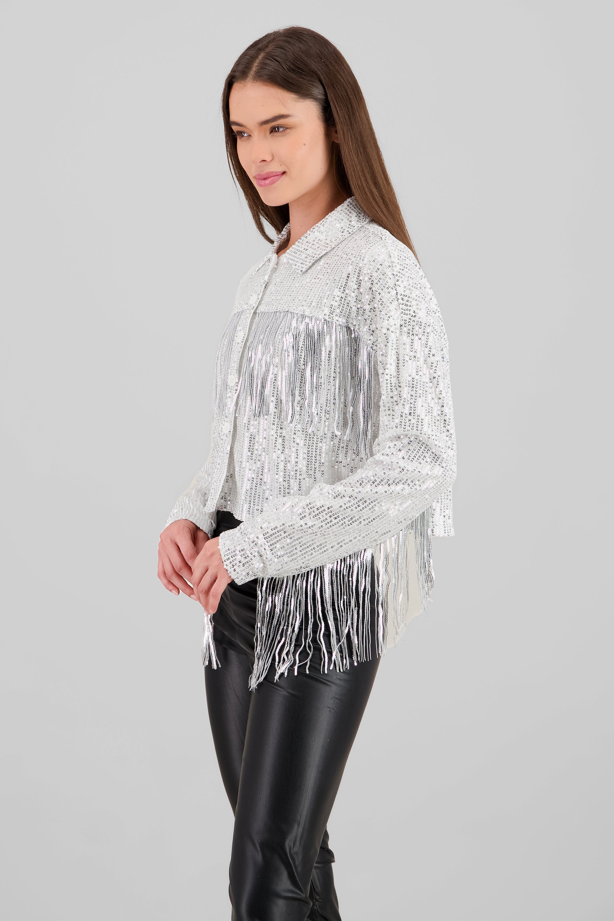 Fringe and Glitter Denim Jacket SILVER