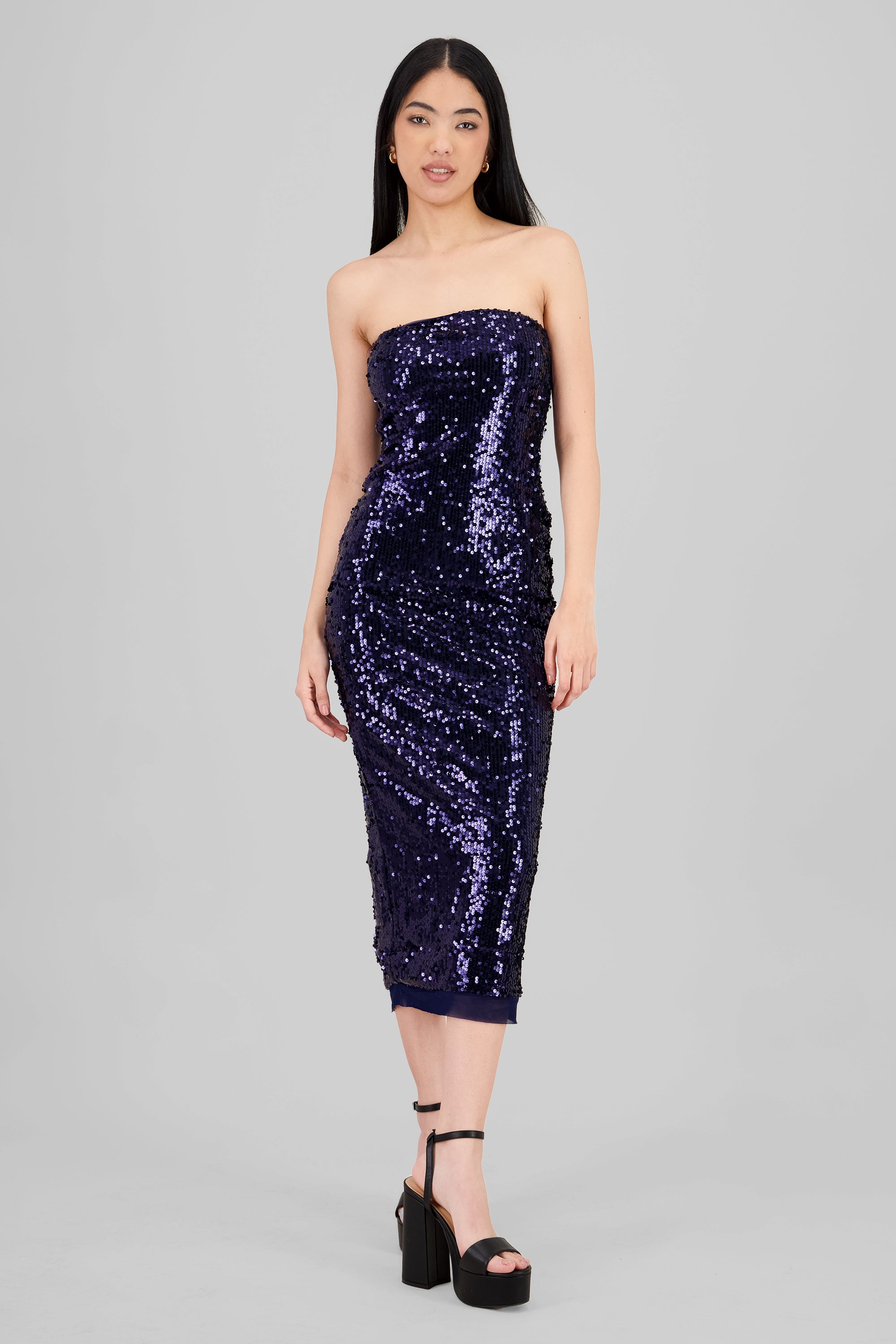 Strapless Sequin Midi Dress NAVY