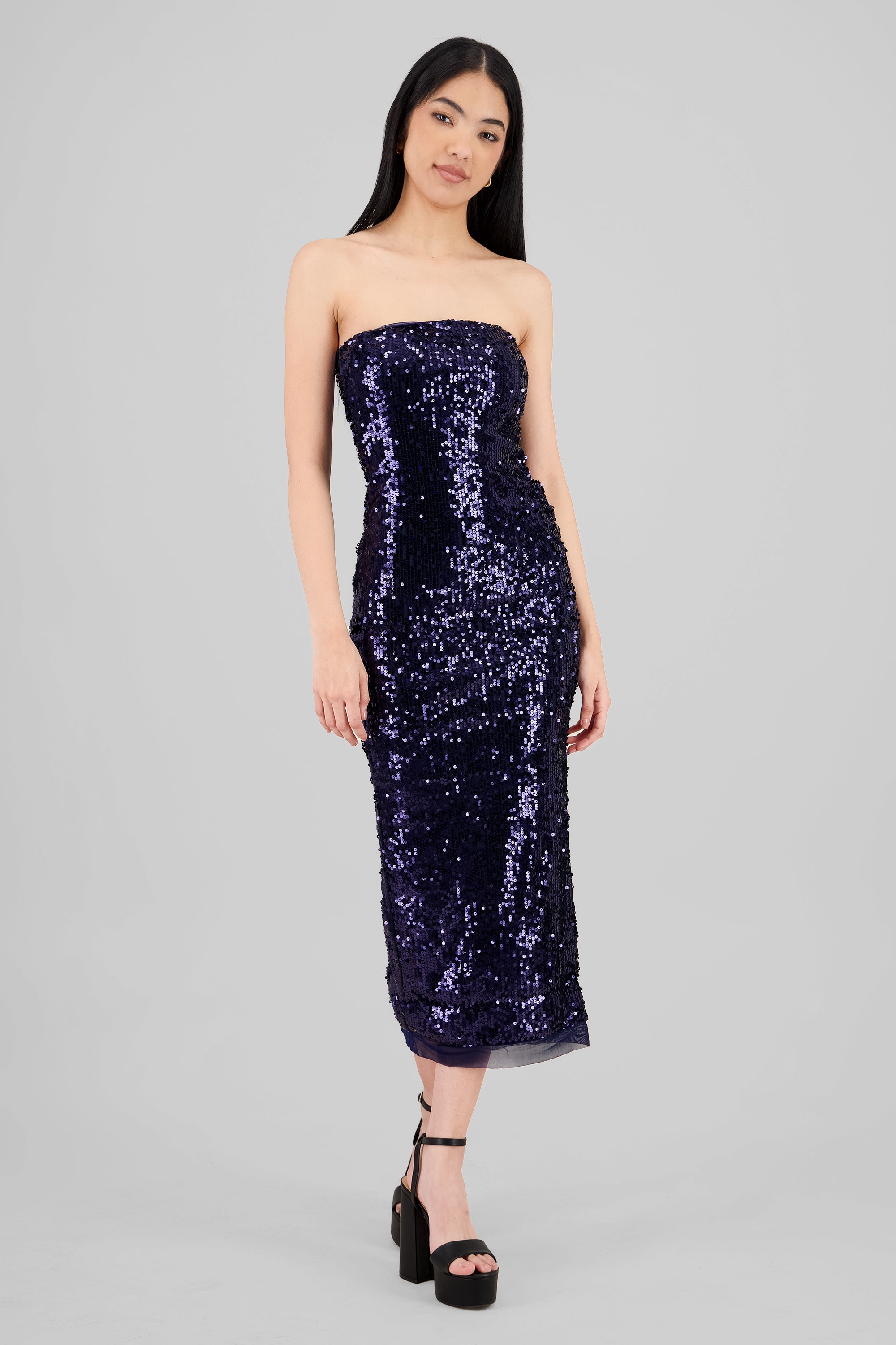 Strapless Sequin Midi Dress NAVY