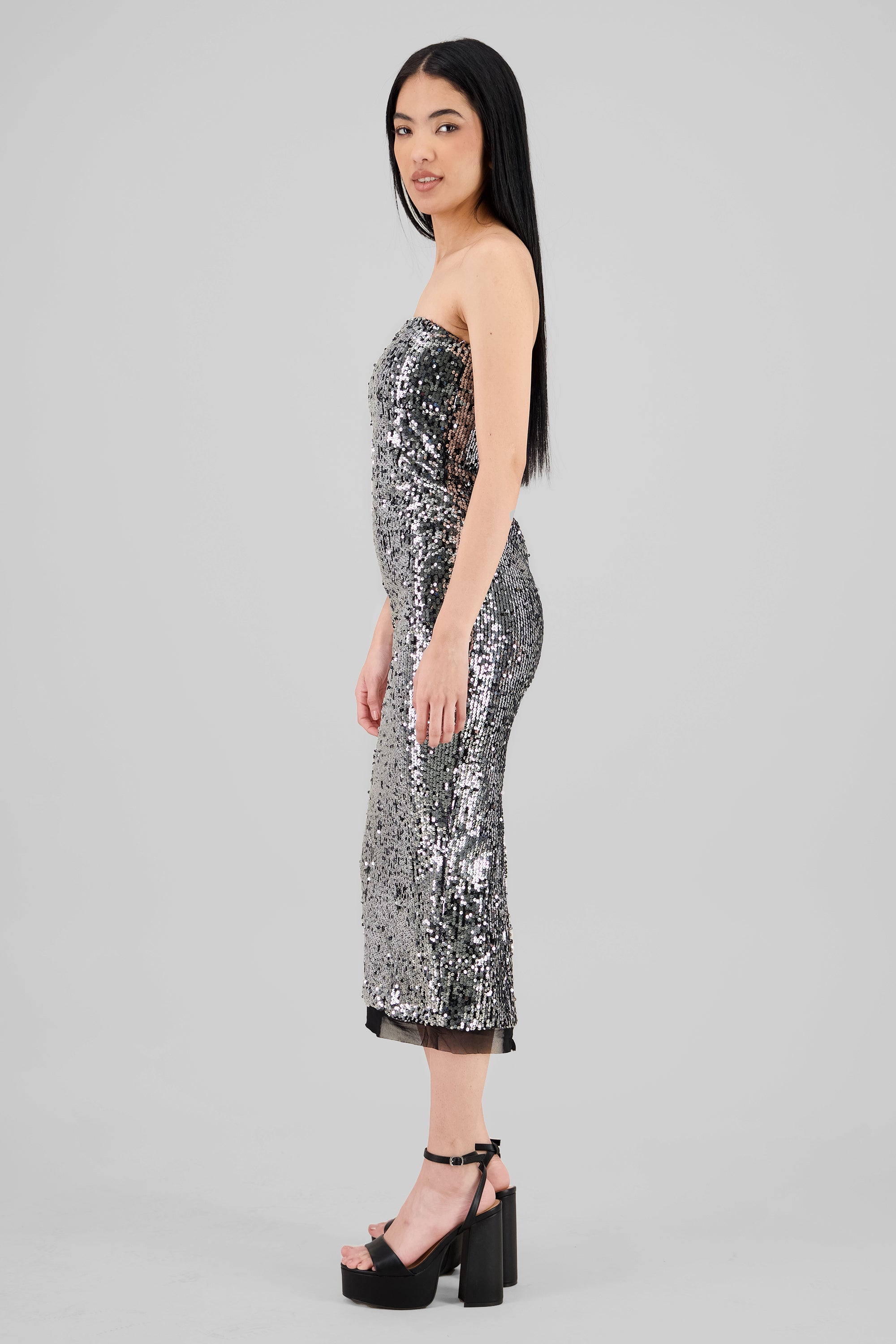 Strapless Sequin Midi Dress SILVER