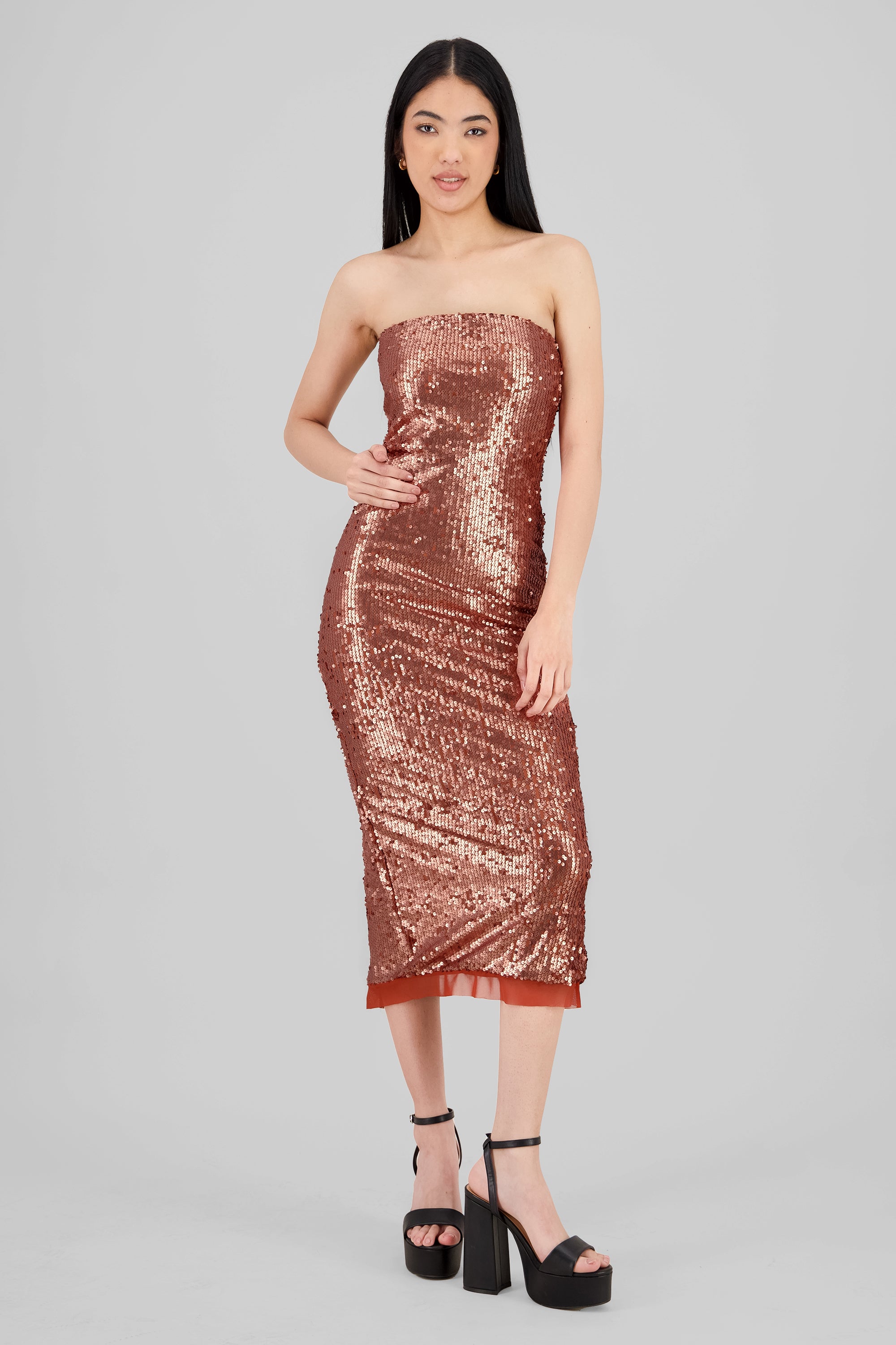 Strapless Sequin Midi Dress ROSE GOLD