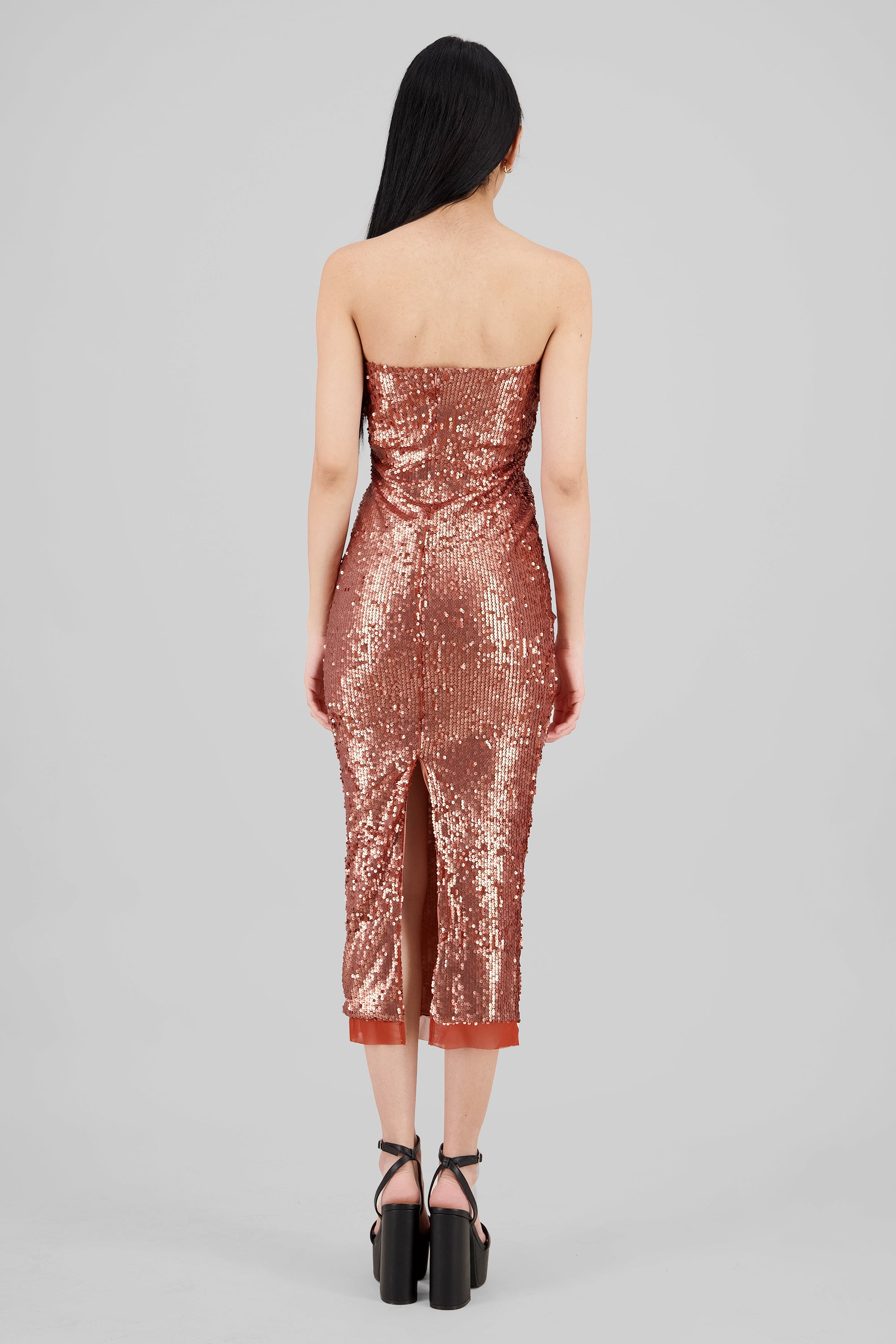 Strapless Sequin Midi Dress ROSE GOLD