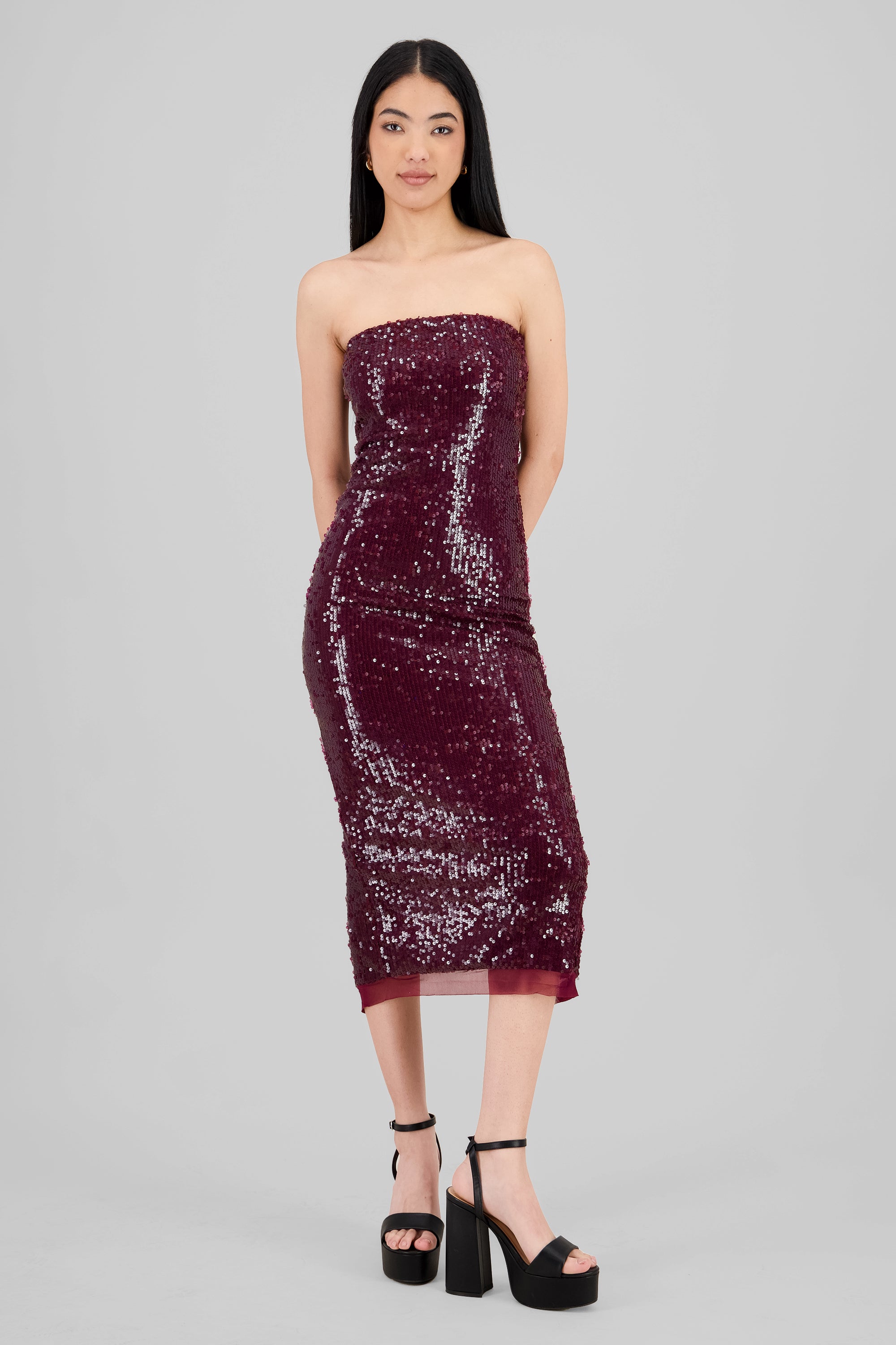 Strapless Sequin Midi Dress BURGUNDY