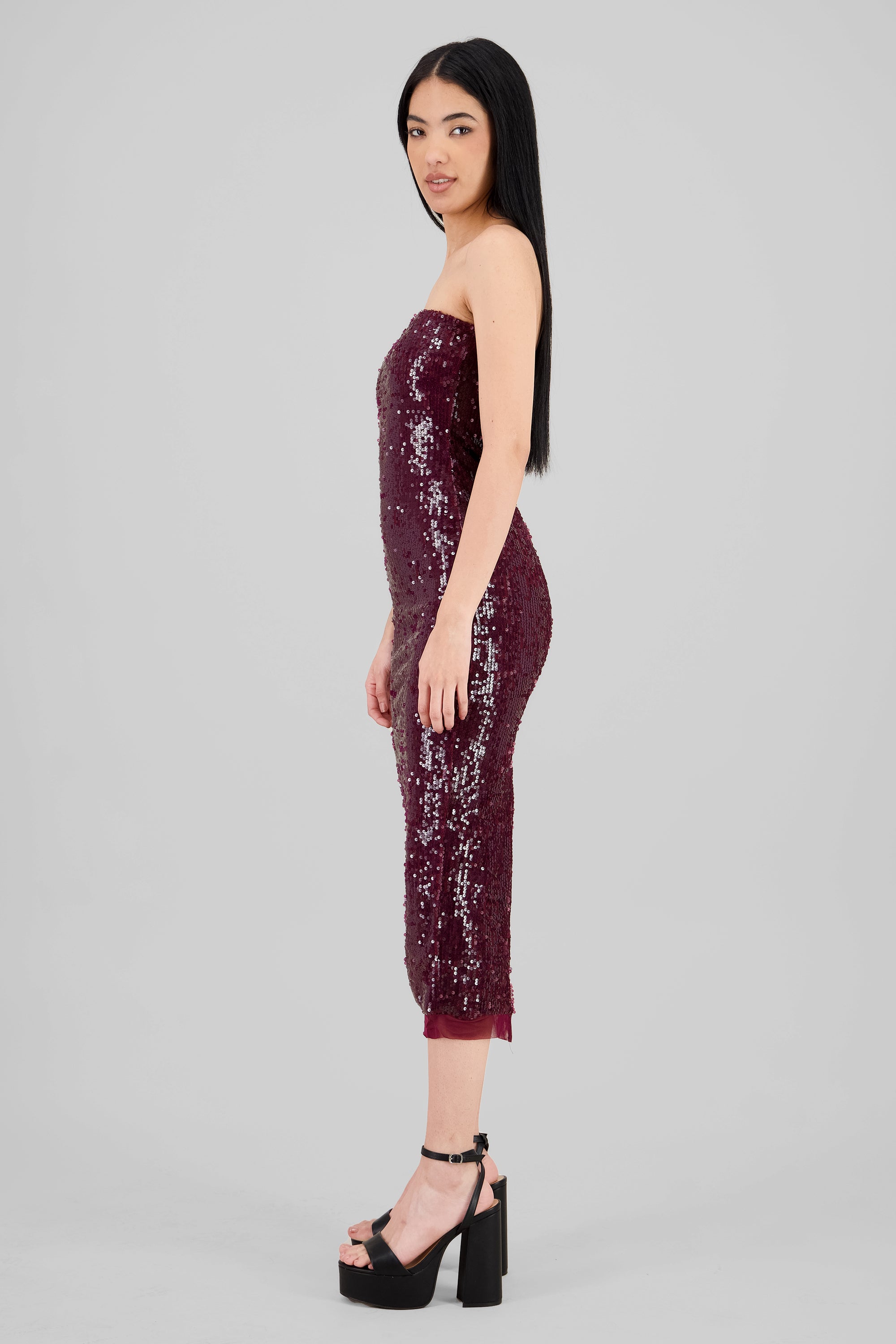 Strapless Sequin Midi Dress BURGUNDY