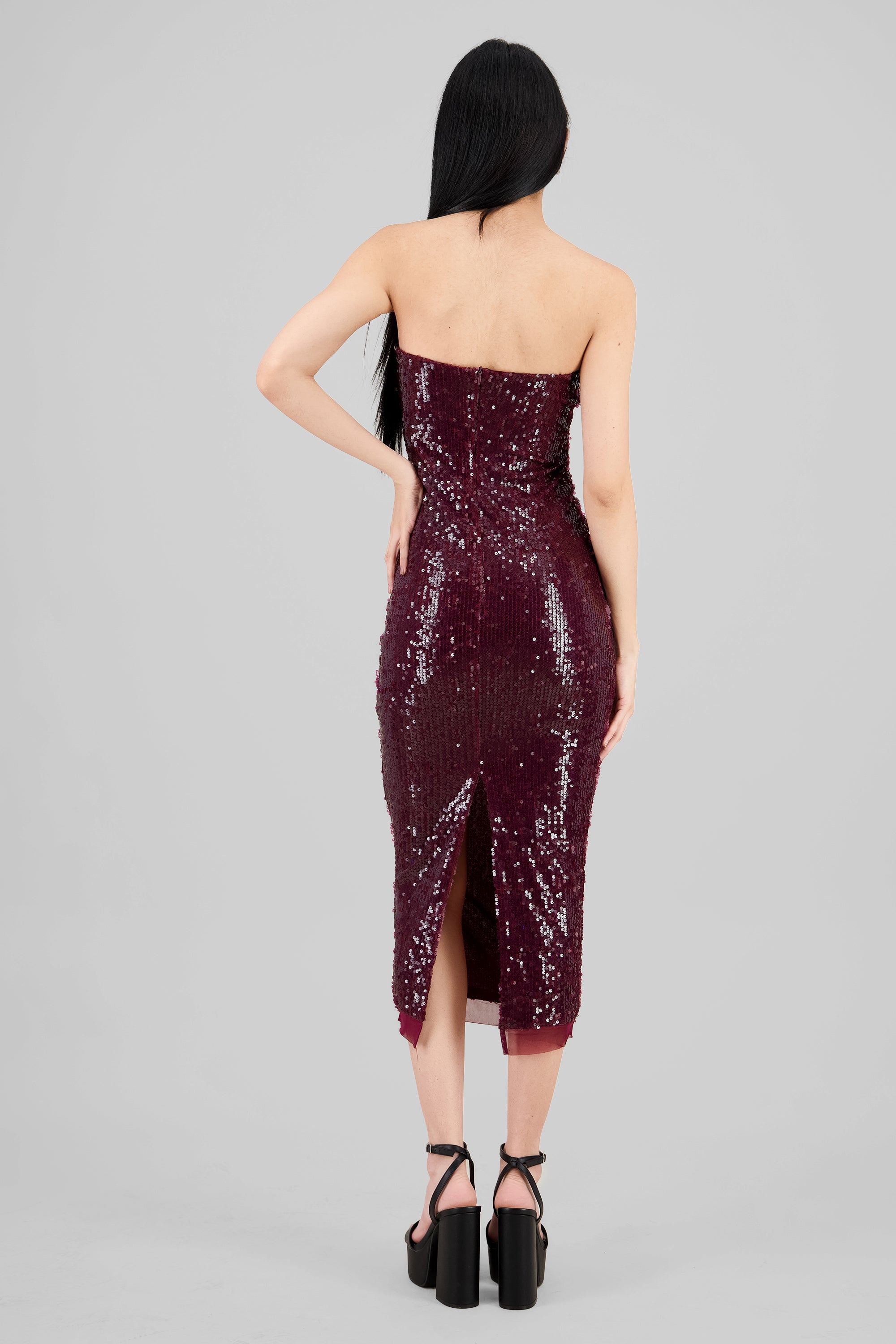 Strapless Sequin Midi Dress BURGUNDY