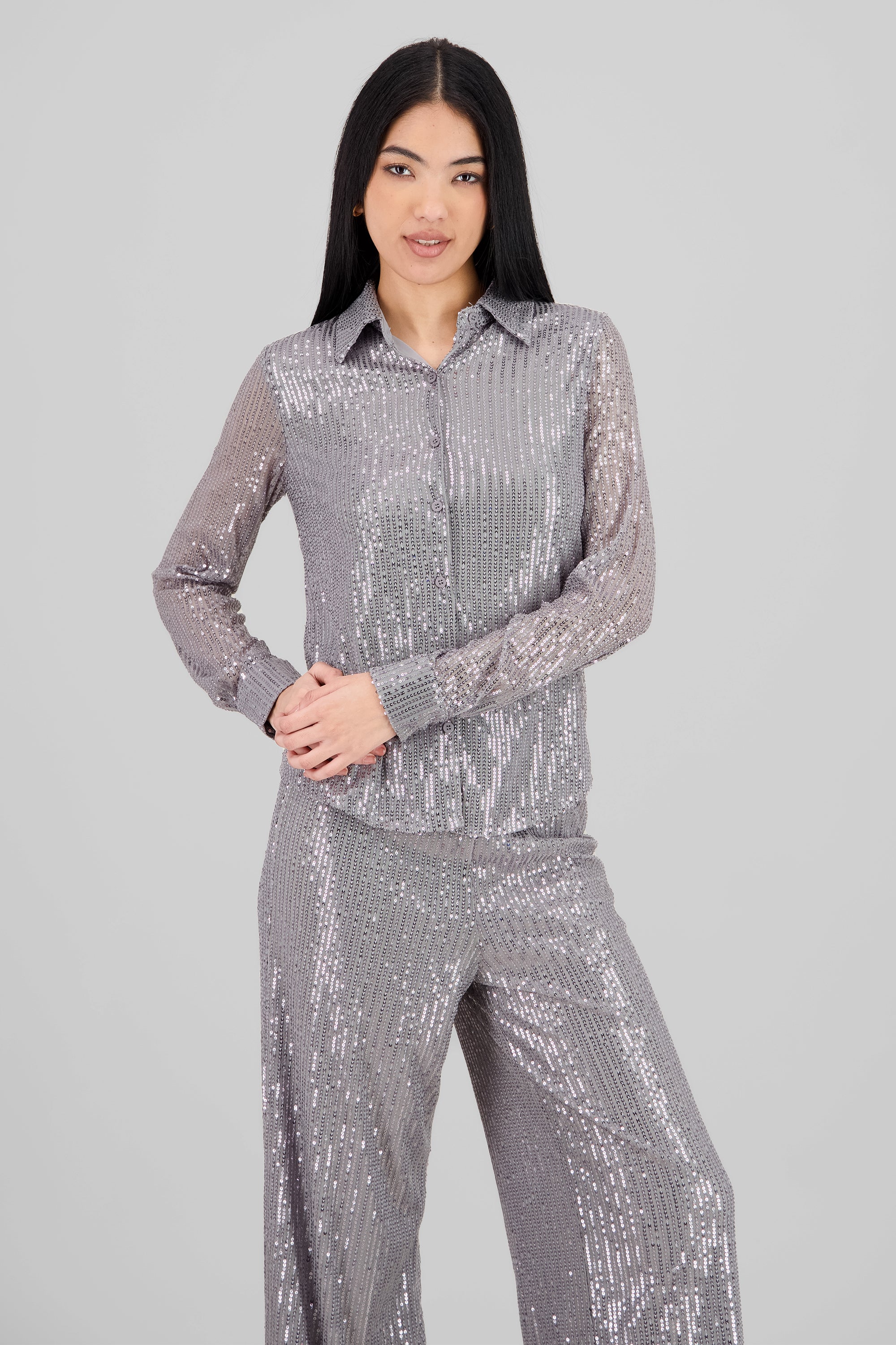 Long Sleeve Sequin Shirt SILVER