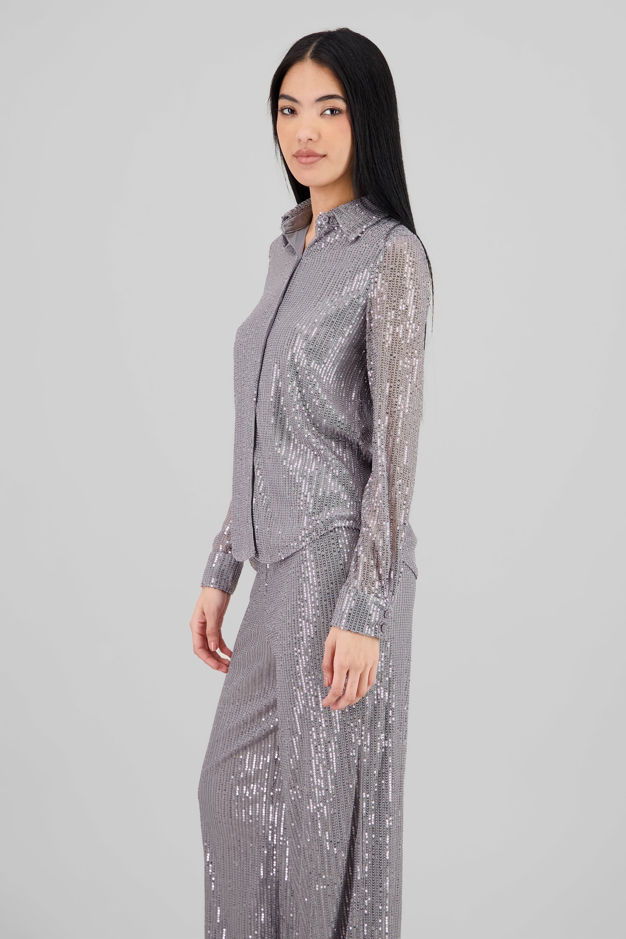 Long Sleeve Sequin Shirt SILVER