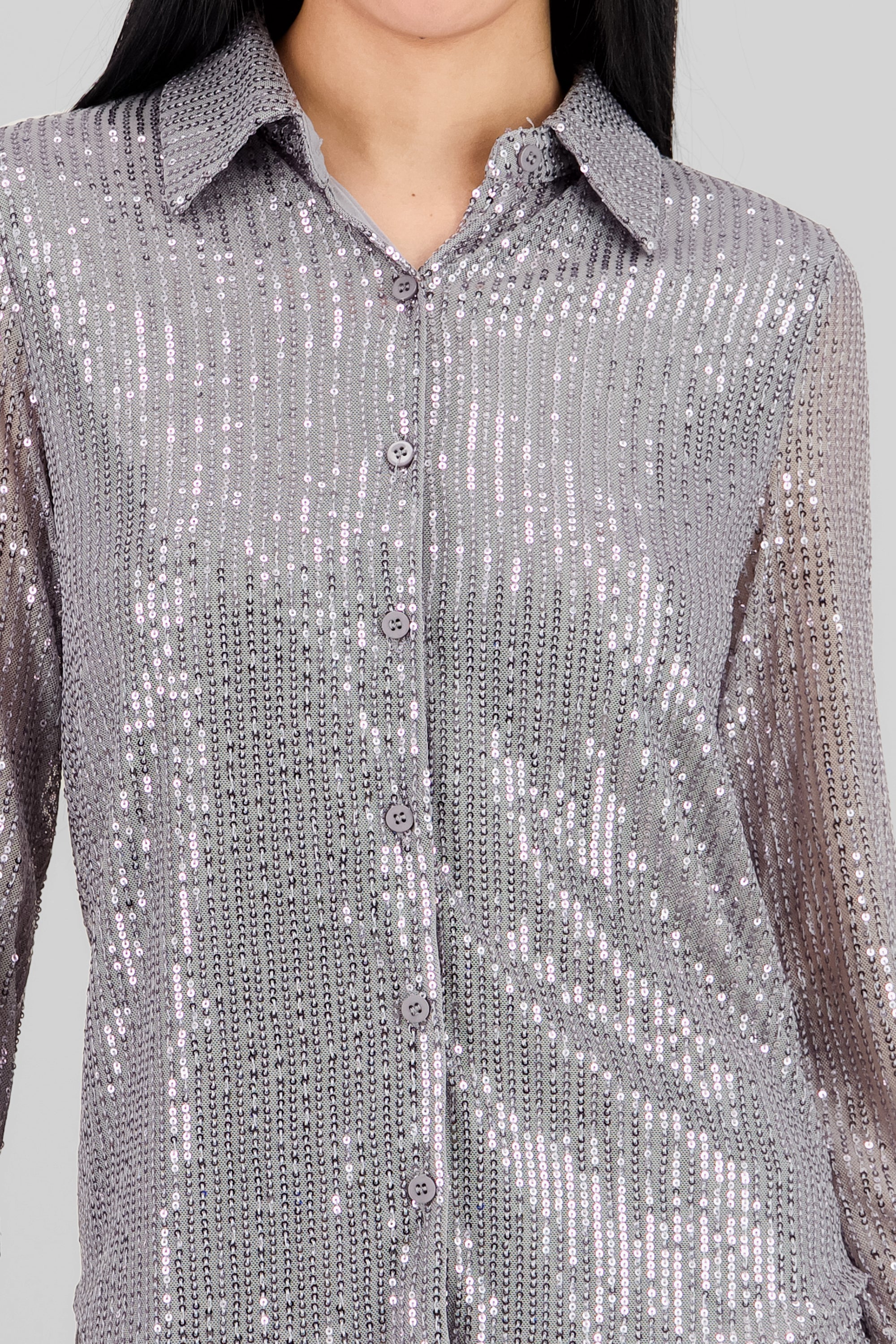 Long Sleeve Sequin Shirt SILVER