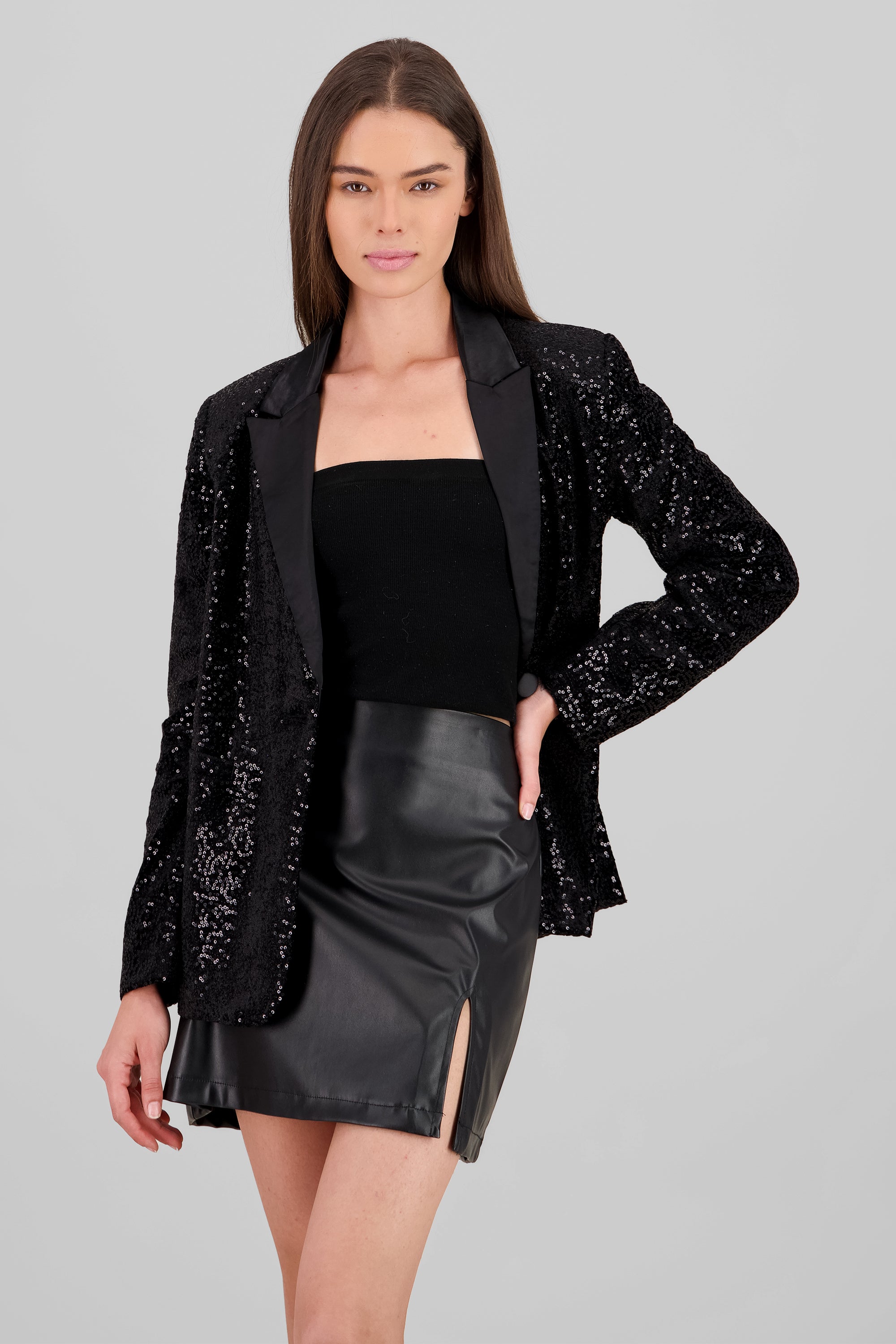 Lapel Detail Sequin Blazer BLACK