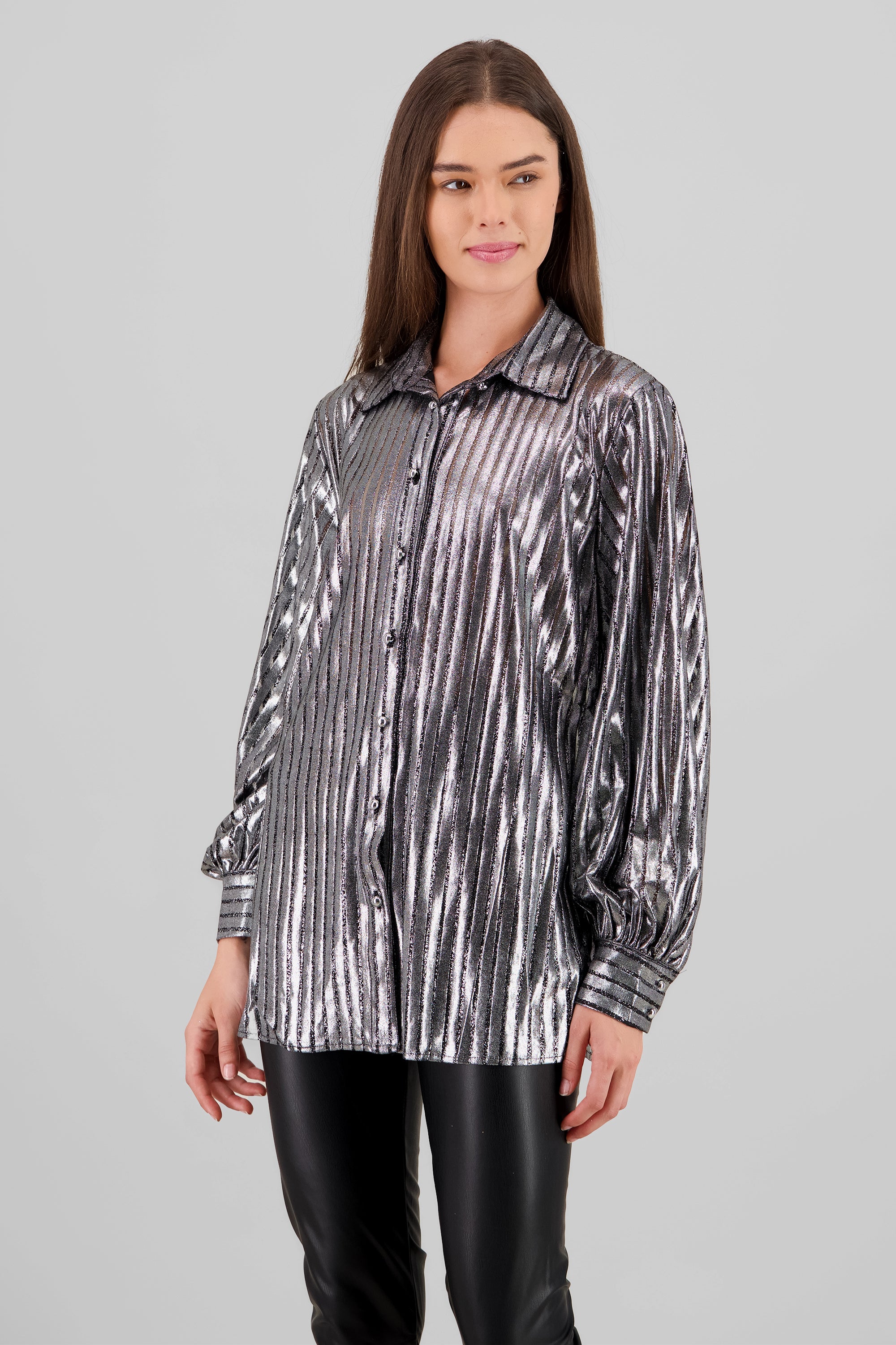 Metallic Striped Long Sleeve Shirt SILVER