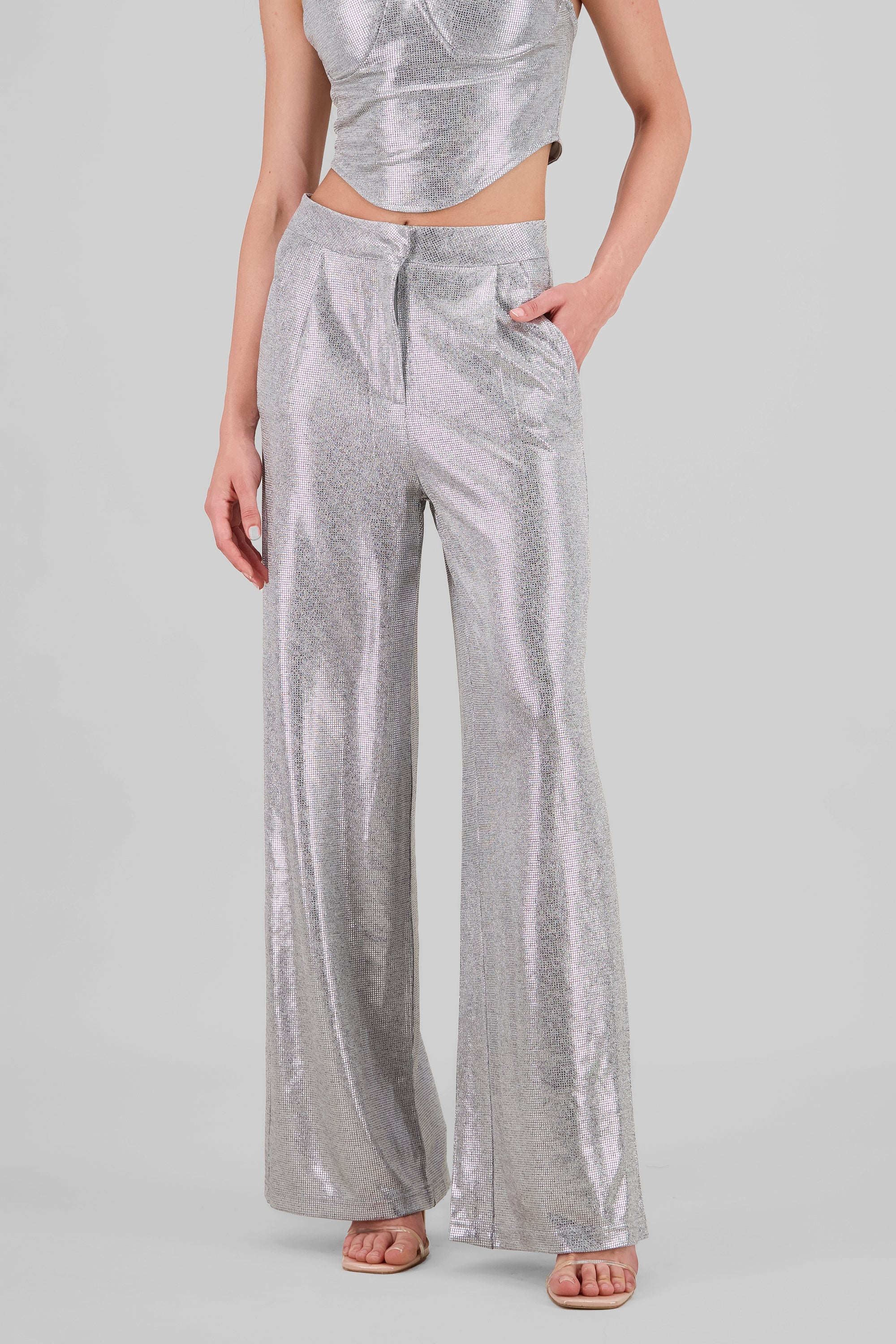 Glitter Flowy Wide Leg Pants SILVER