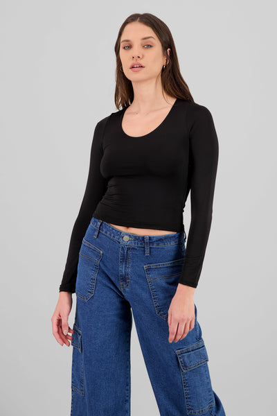 Long Sleeve Round Neck Top BLACK