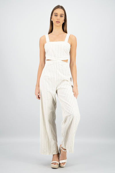 Cutout Neckline Detail Striped Jumpsuit WHITE COMBO