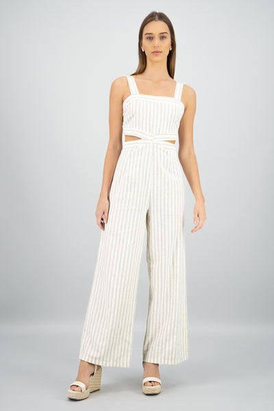 Cutout Neckline Detail Striped Jumpsuit WHITE COMBO