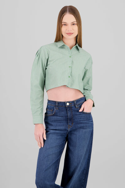 Button Details Long Sleeve Crop Shirt GREEN COMBO