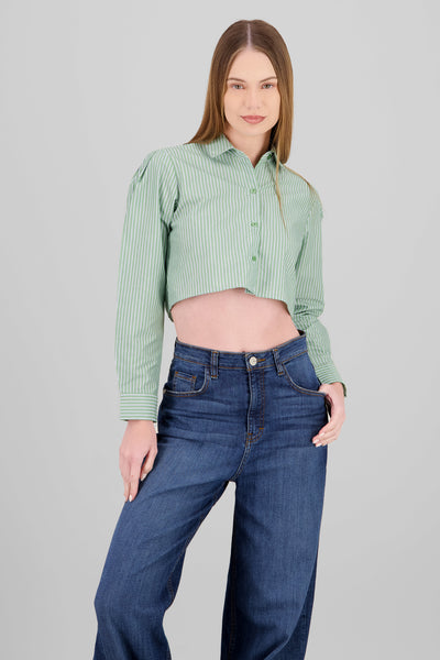 Button Details Long Sleeve Crop Shirt GREEN COMBO