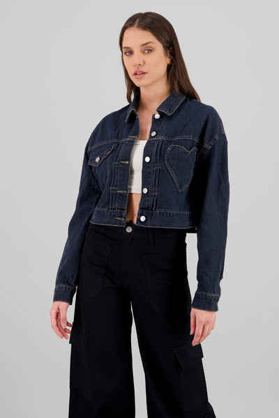 Heart Embroidered Jacket DARK WASH