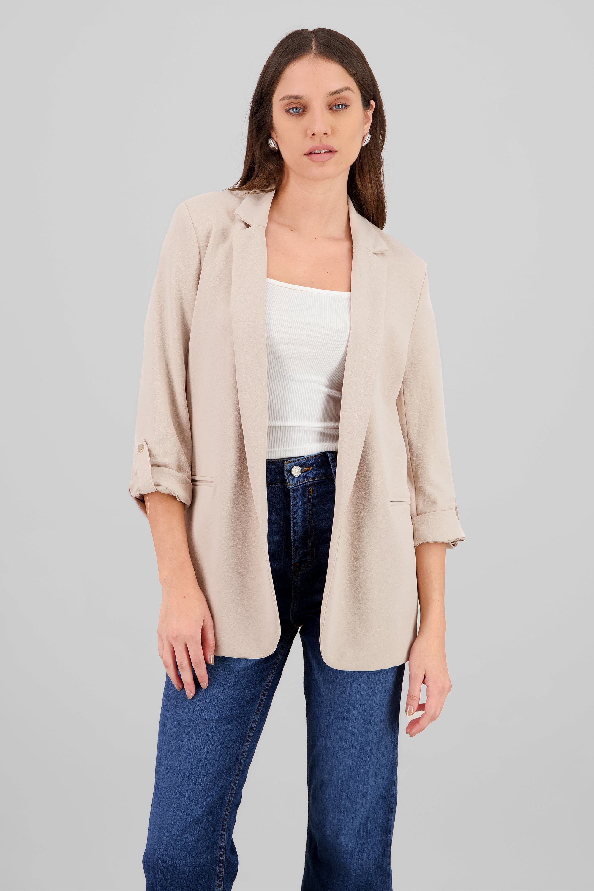 Plain 3/4 Sleeve Blazer BEIGE