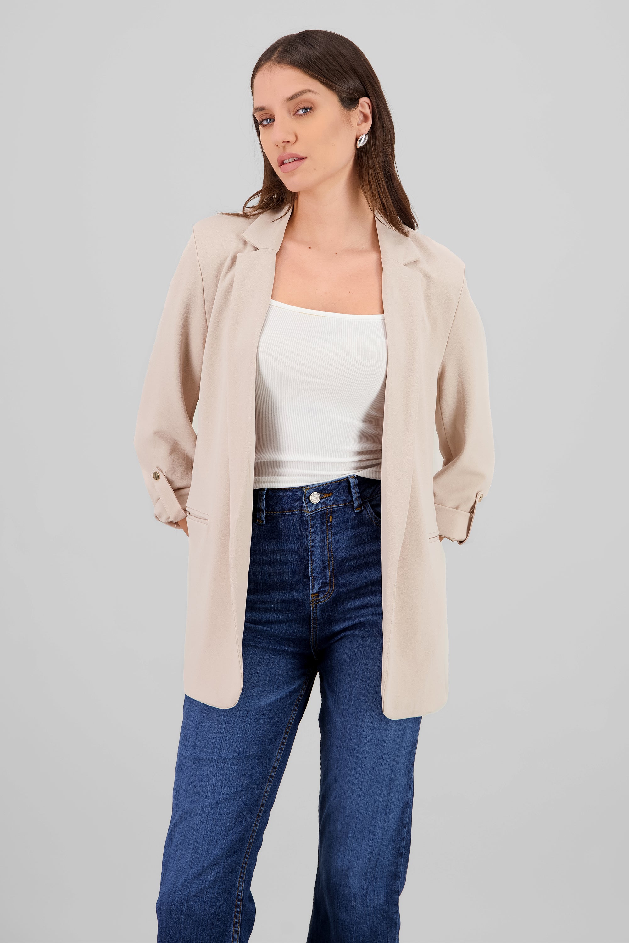 Plain 3/4 Sleeve Blazer BEIGE