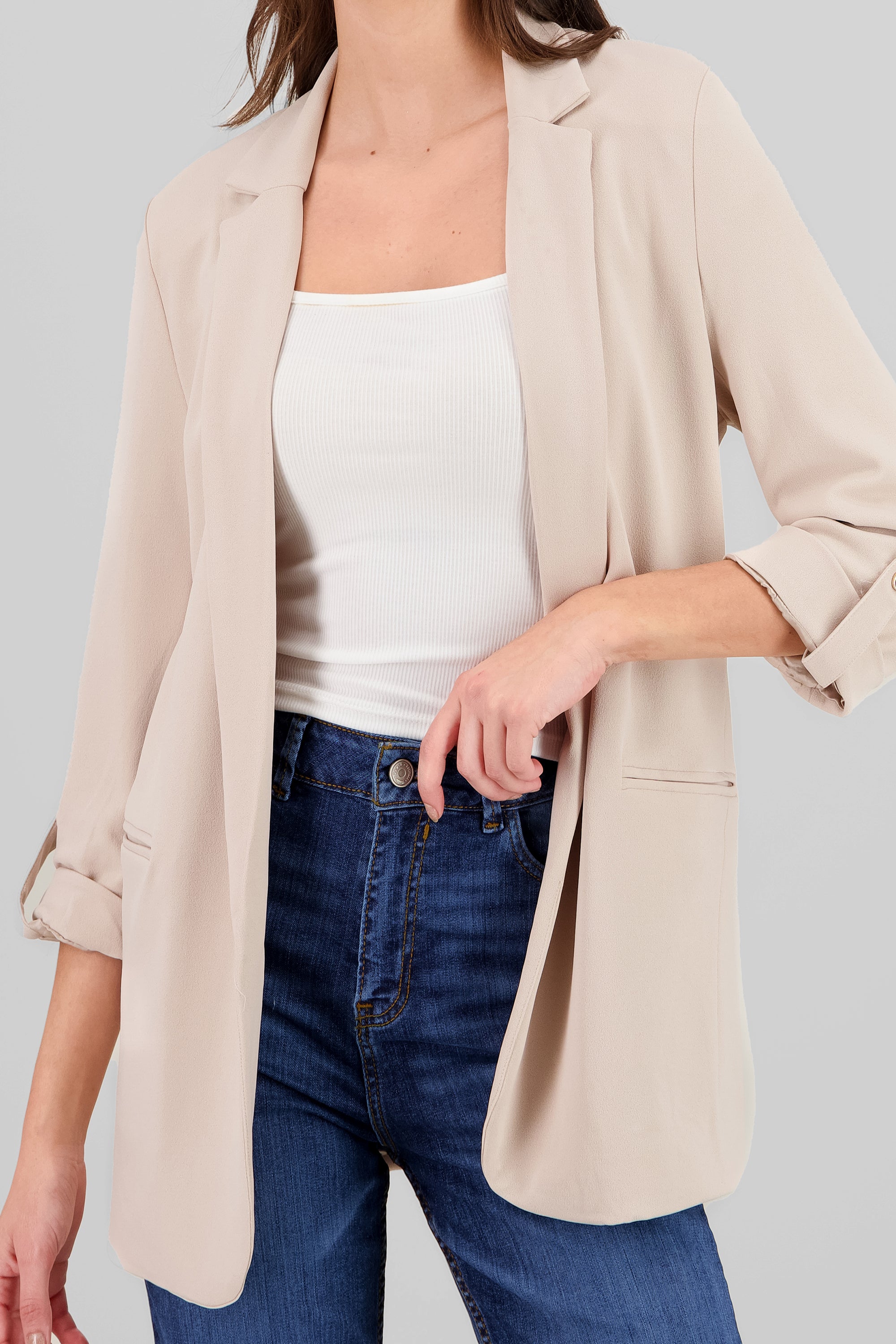 Plain 3/4 Sleeve Blazer BEIGE