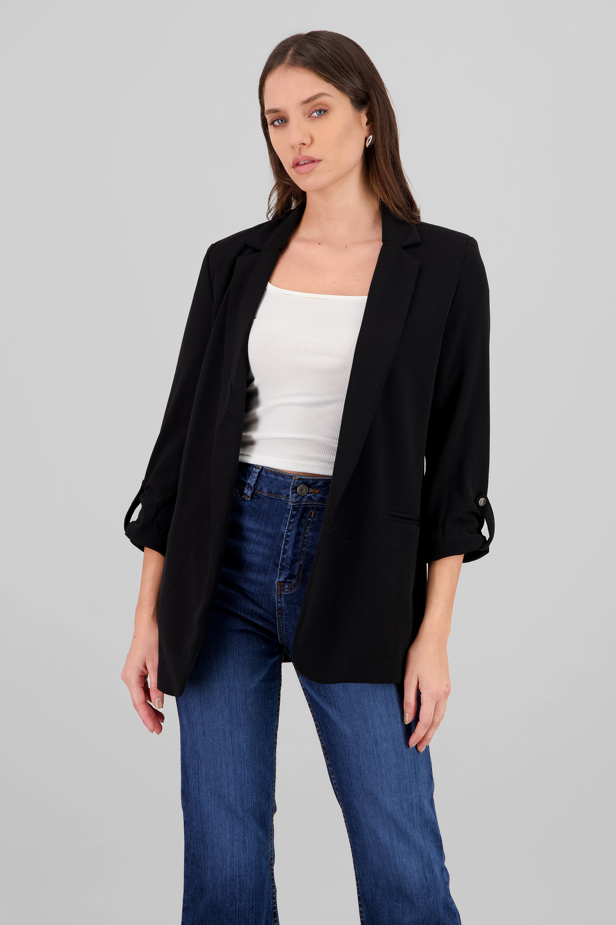 Plain 3/4 Sleeve Blazer BLACK