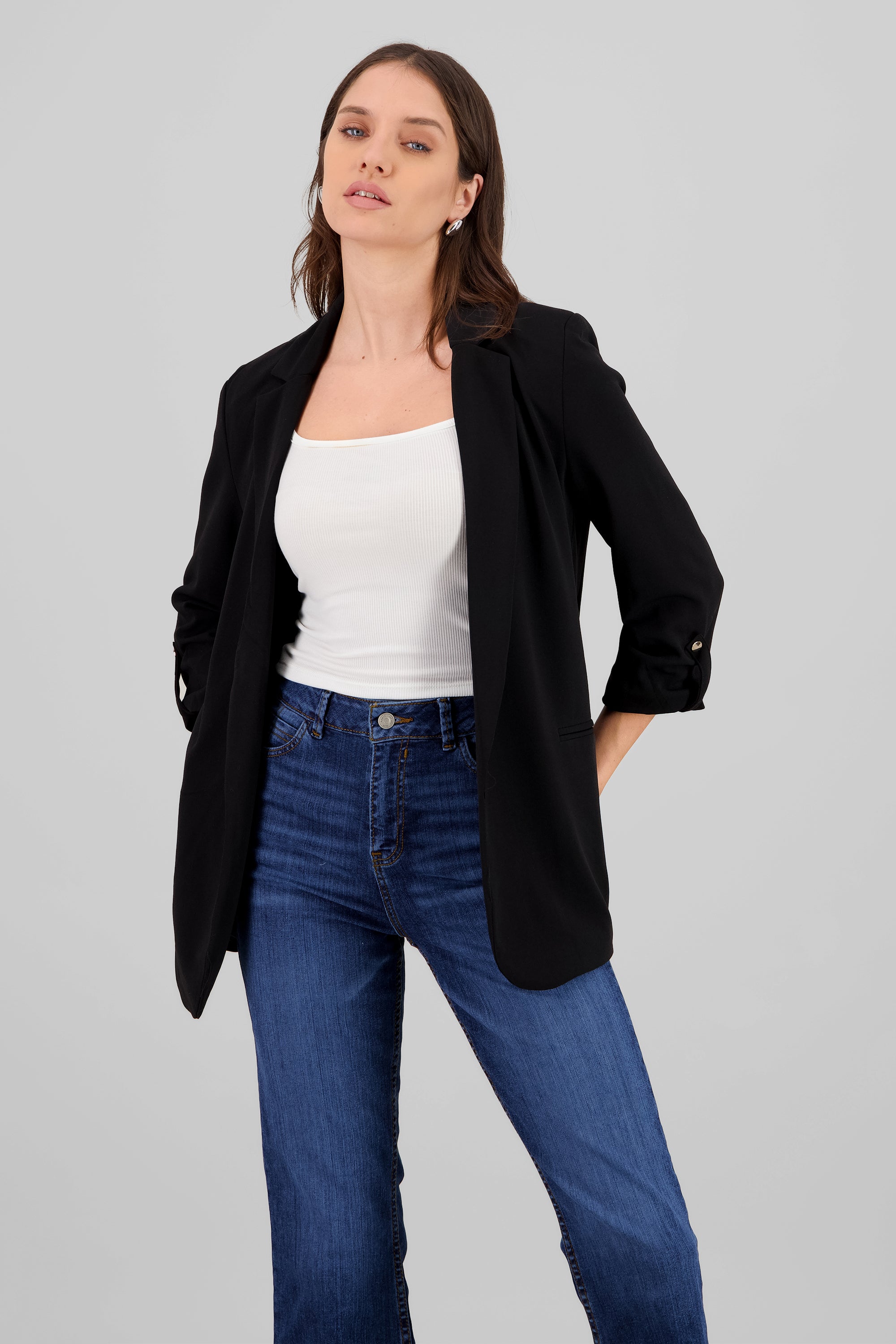 Plain 3/4 Sleeve Blazer BLACK