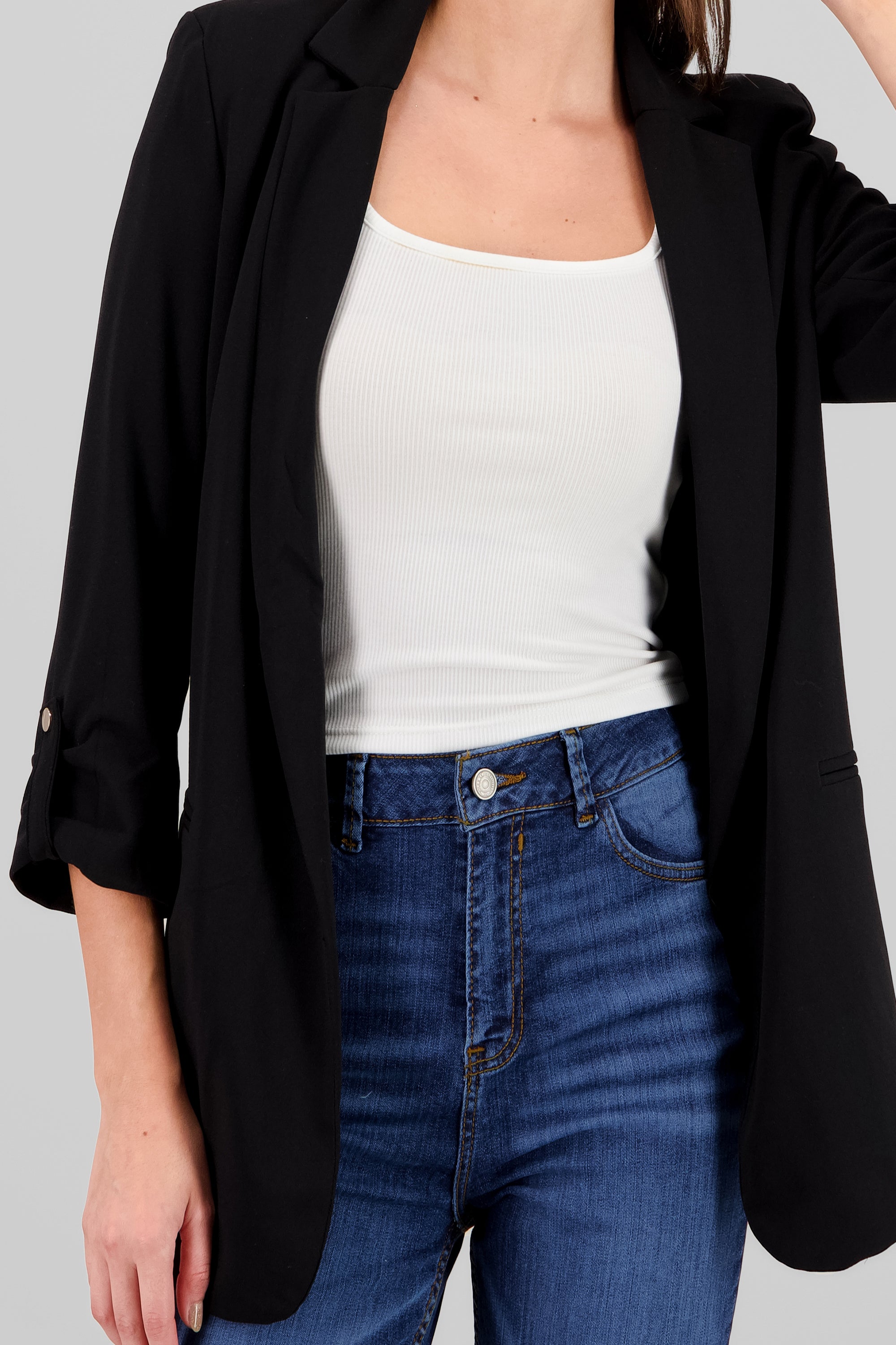 Plain 3/4 Sleeve Blazer BLACK