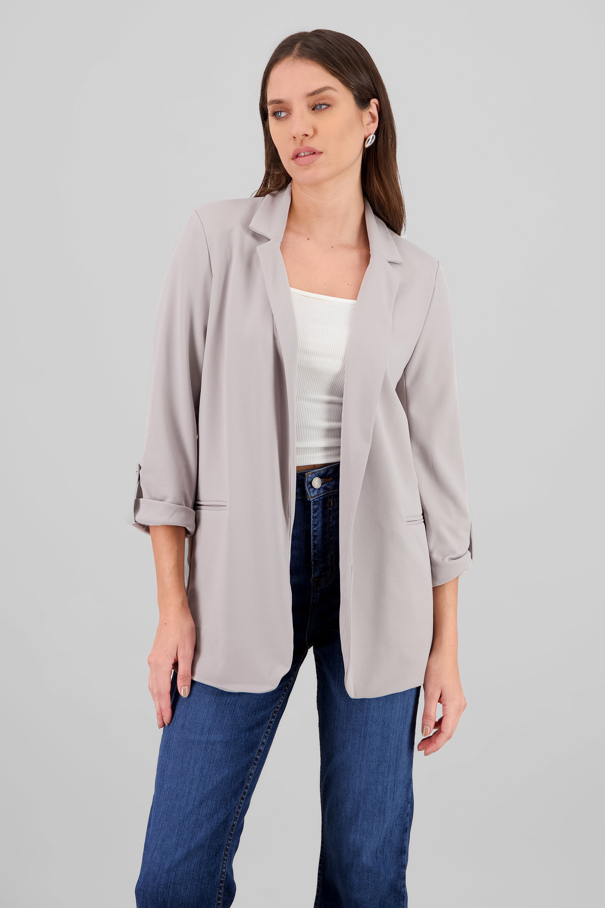 Plain 3/4 Sleeve Blazer GRAY