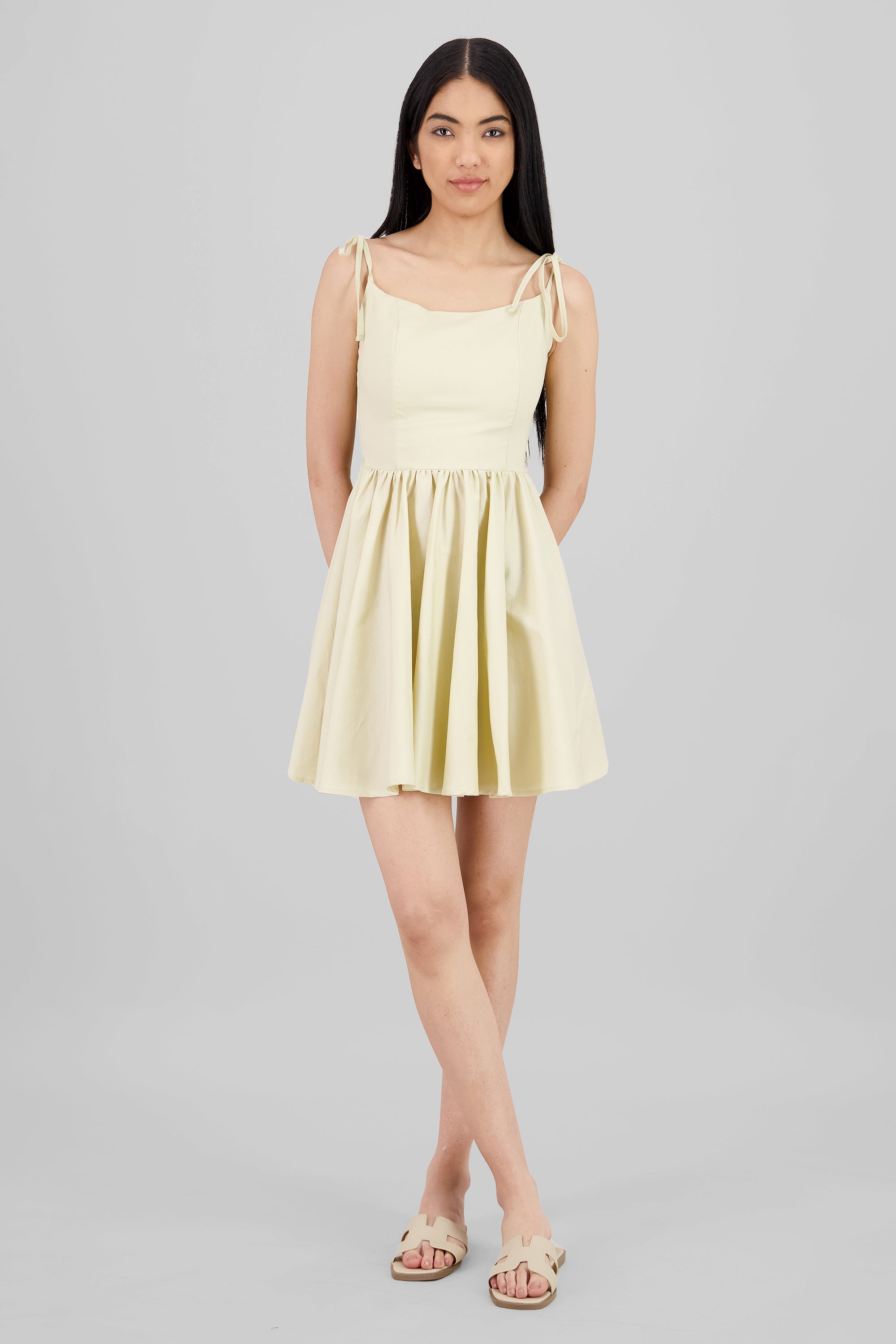 Ruffled Mini Dress with Bow Straps SAND