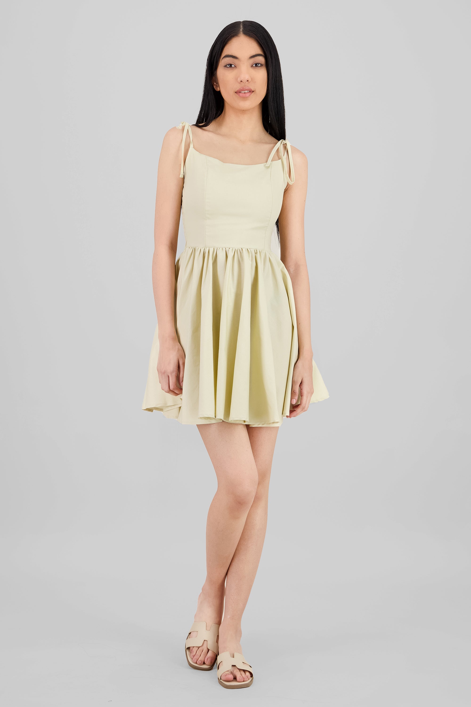 Ruffled Mini Dress with Bow Straps SAND