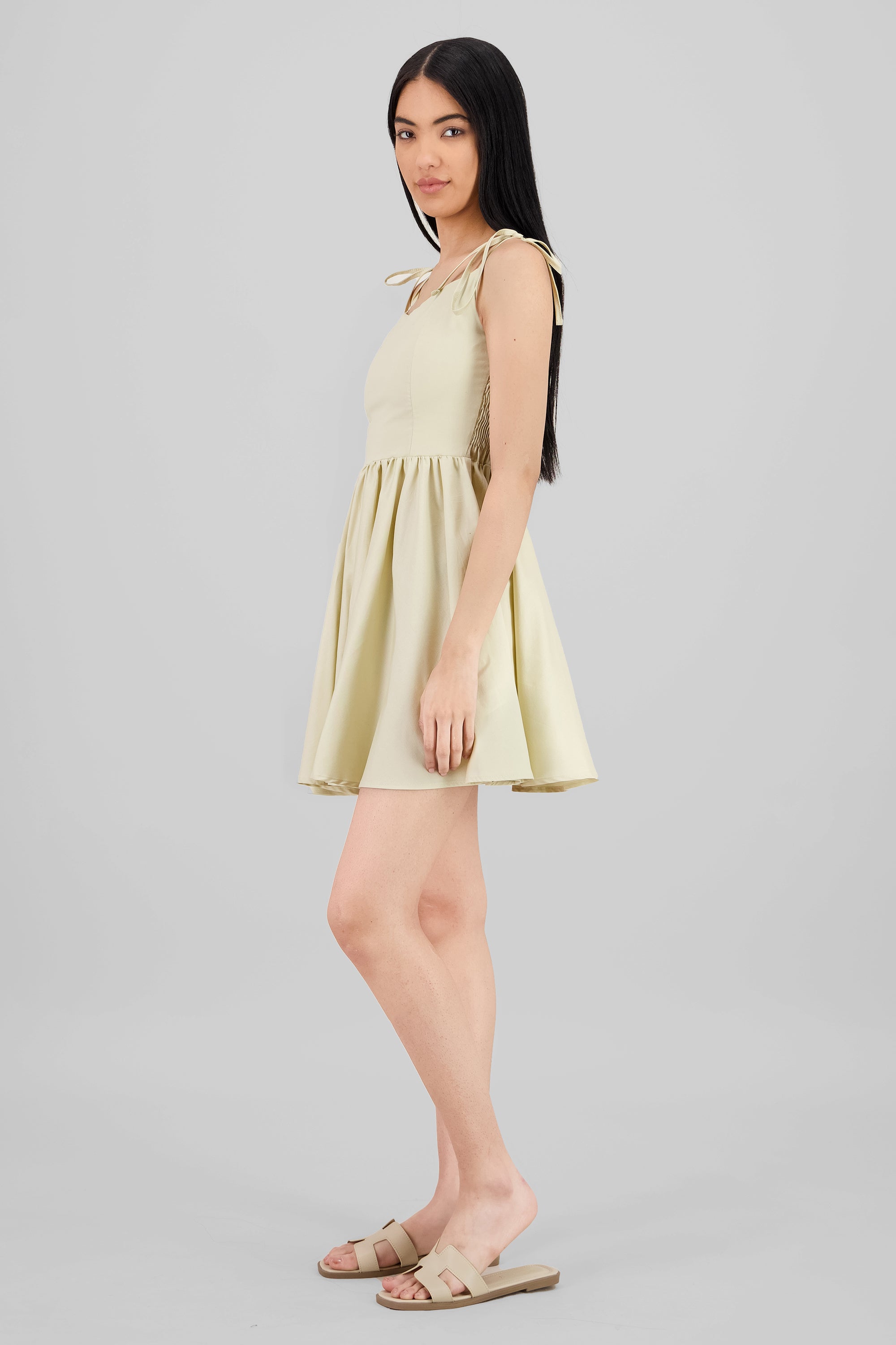 Ruffled Mini Dress with Bow Straps SAND