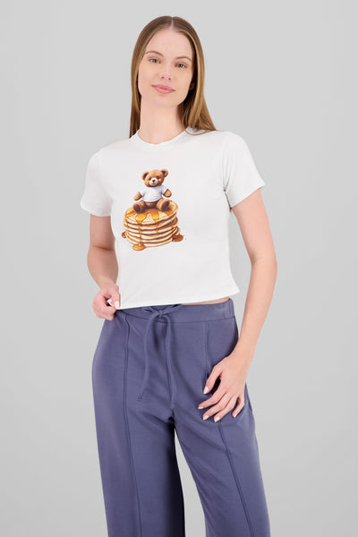 Cropped Bear Print T Shirt WHITE COMBO