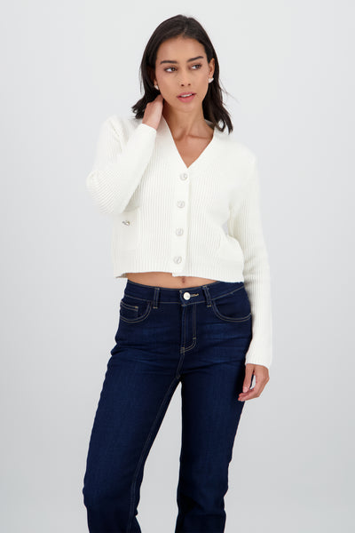 Knitted Cardigan with Button WHITE