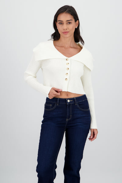 Large Polo Neck Knitted Cardigan CREAM