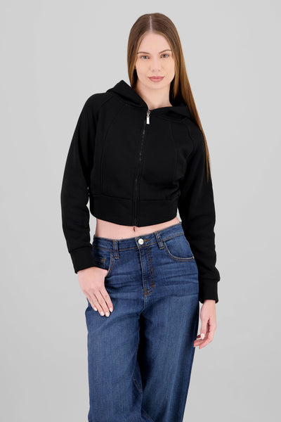 Cropped Hoodie with Zipper BLACK