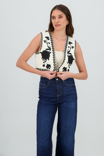 Cropped Vest with Embroidery Detail KHAKI COMBO