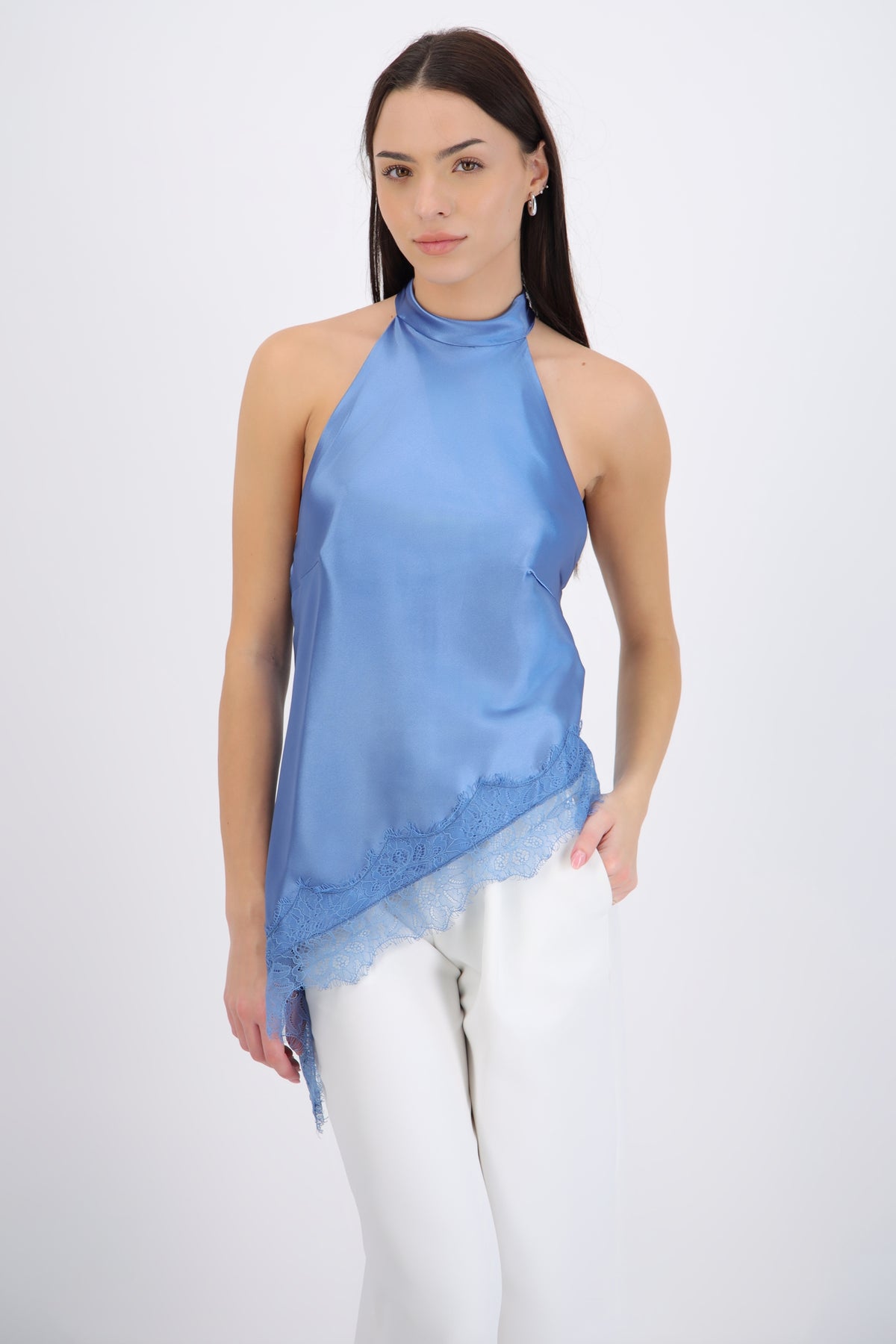 Satin Halter Top with Lace Detail