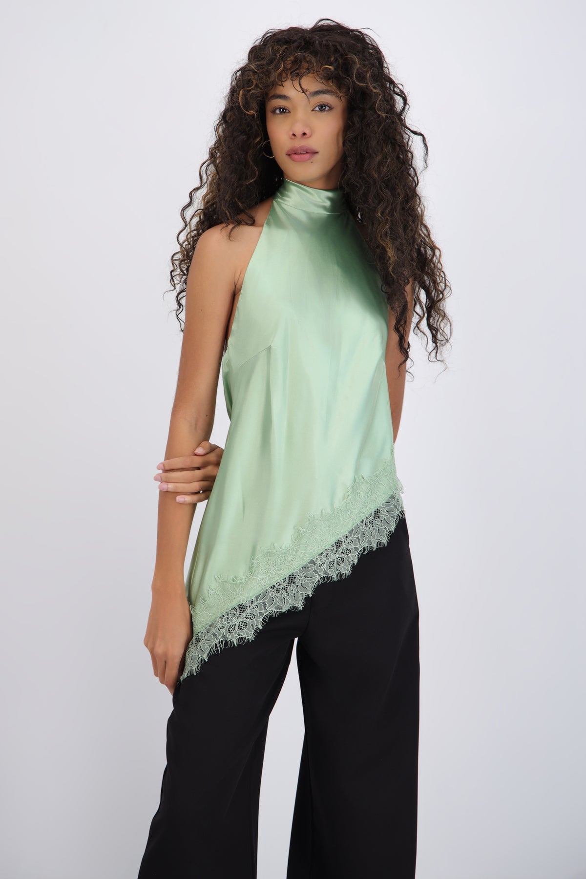 Satin Halter Top with Lace Detail