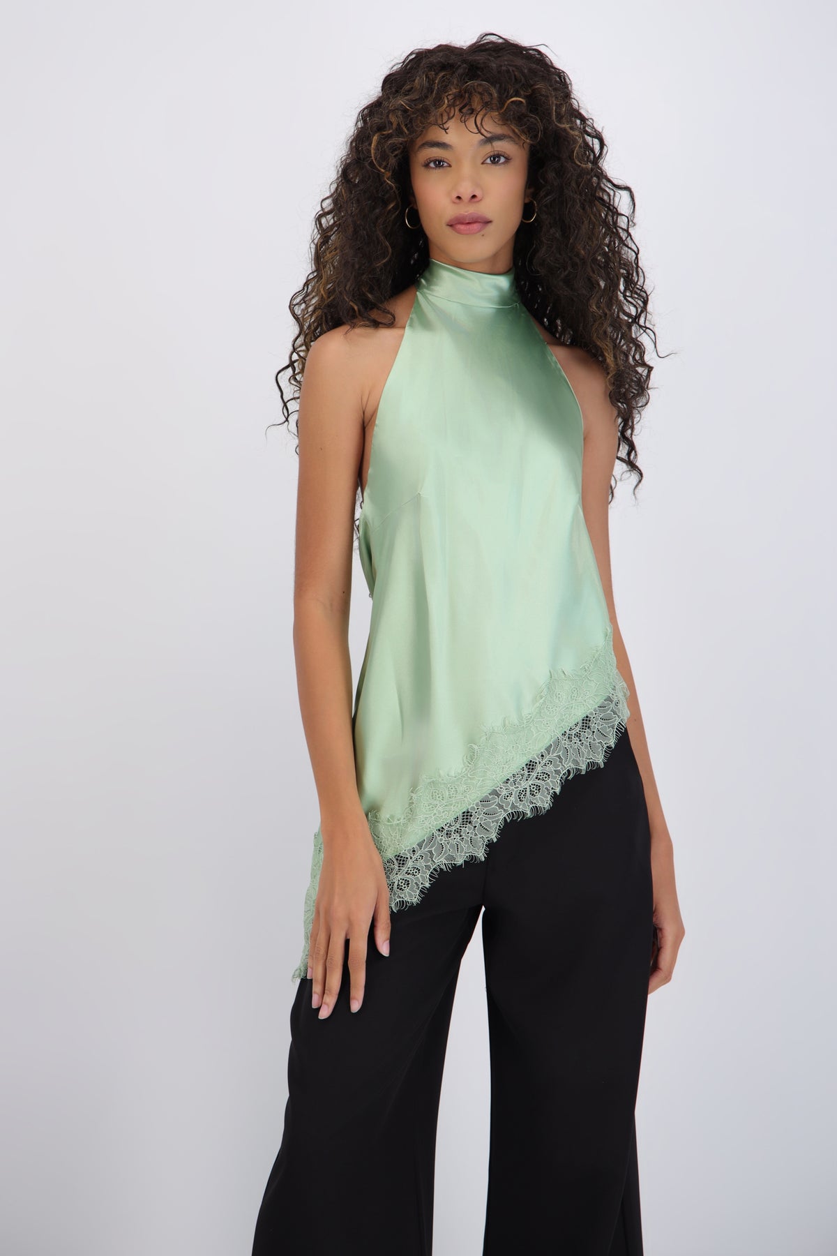 Satin Halter Top with Lace Detail