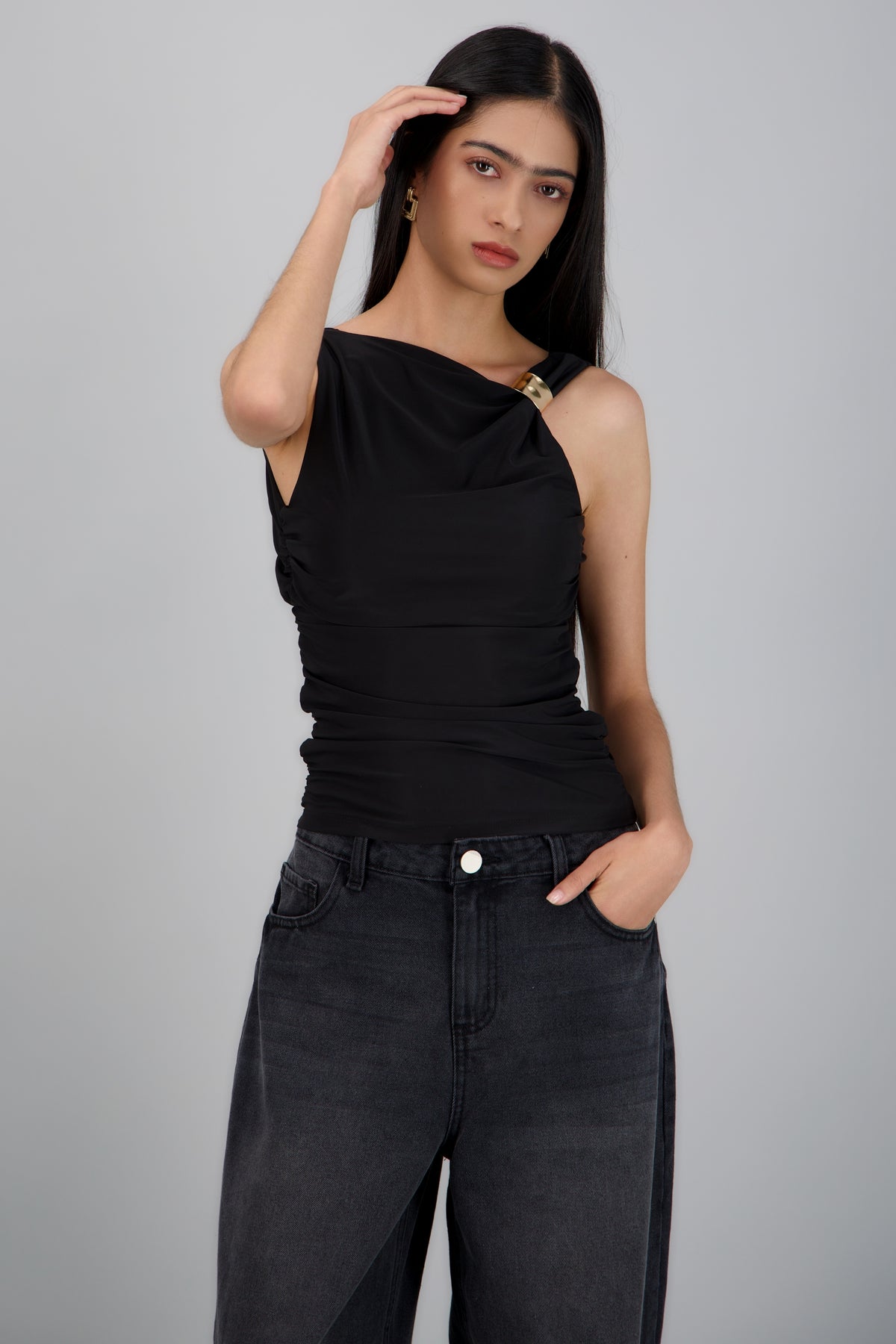 Asymmetrical Draped Top with Buckle Detail