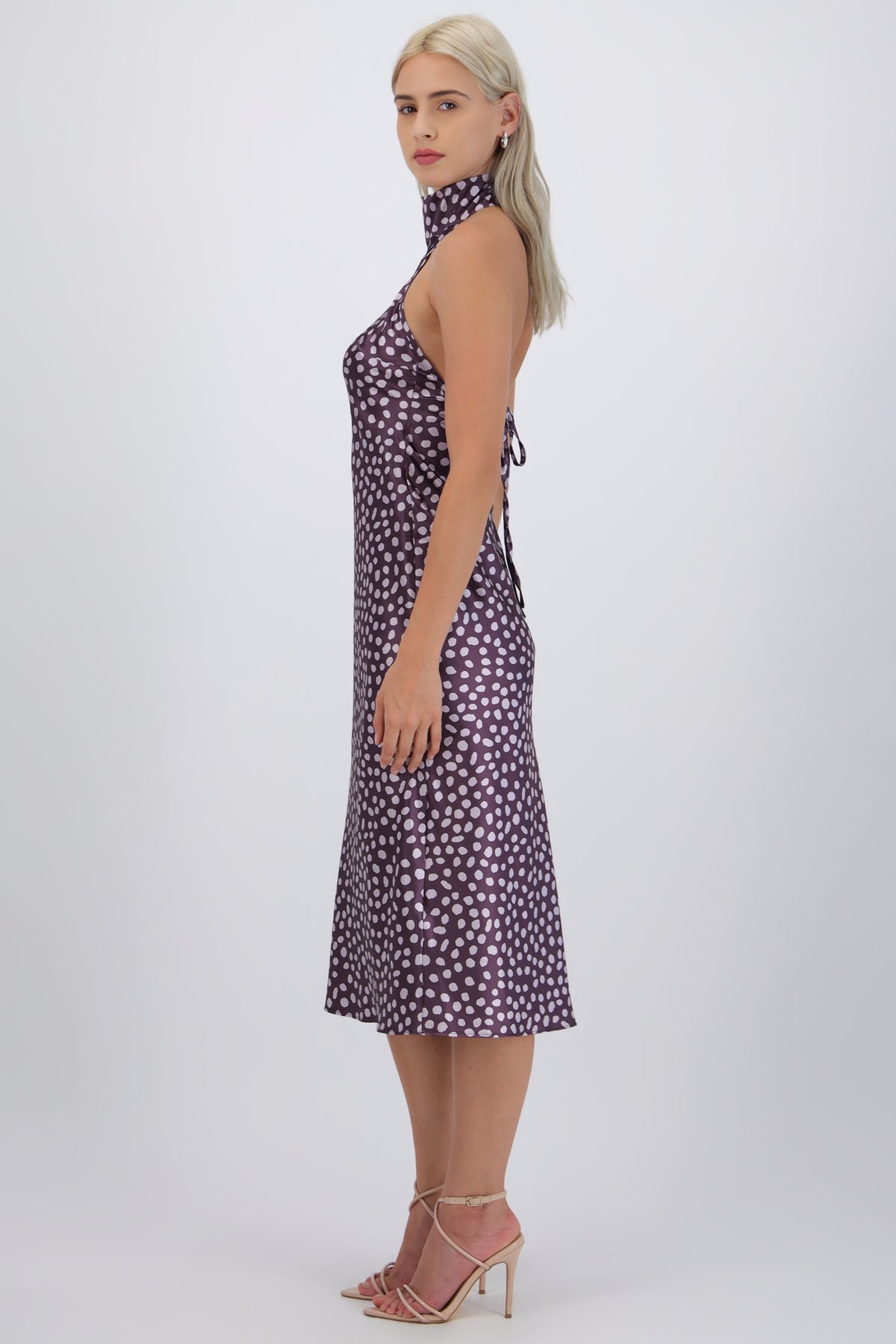 High Neck Polka Dot Dress Tie Back