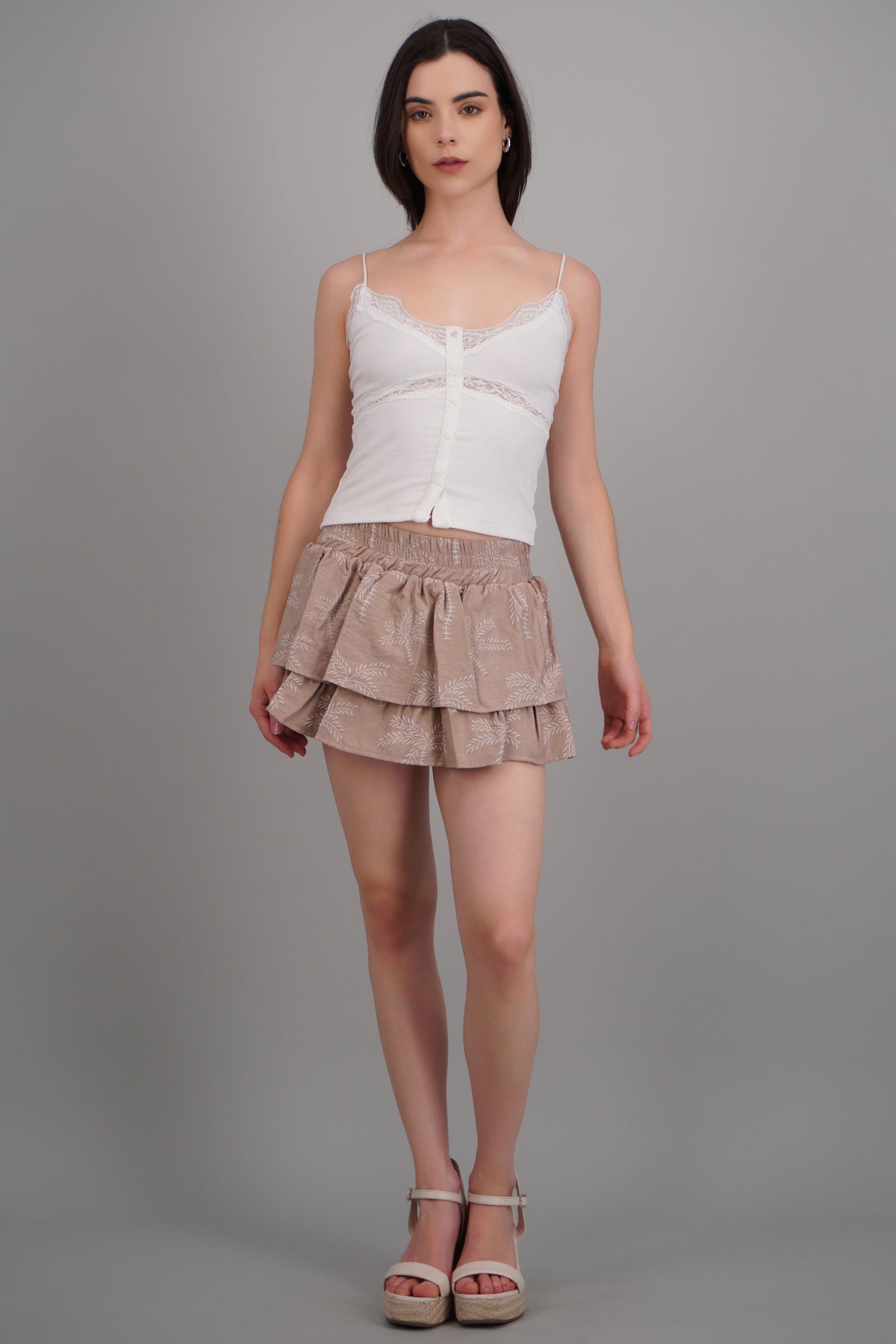 Short Ruffle Skrit Mini Ruffle Skirt with Print Detail
